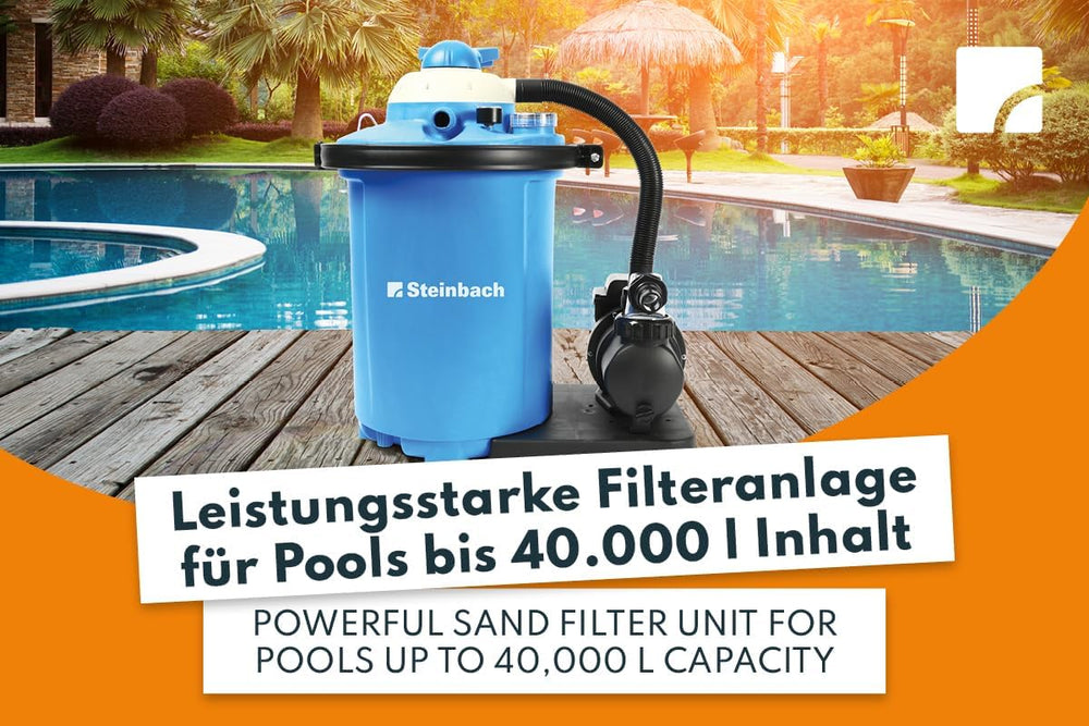 Steinbach Comfort 75 Filter System – 040100 – Selvansugende pumpe til pools op til 40.000 l – Med forfilter, trykmåler, timer og LED-display – Inkluderer speciel INTEX 2" adapter