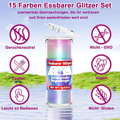 Sclipici comestibil pentru băuturi și prăjituri - 15 culori colorant alimentar pudră (3g/culoare) | Sclipici comestibil fără schimbare de aromă | Ideal pentru cocktailuri, prăjituri, deserturi și decorațiuni pentru copt