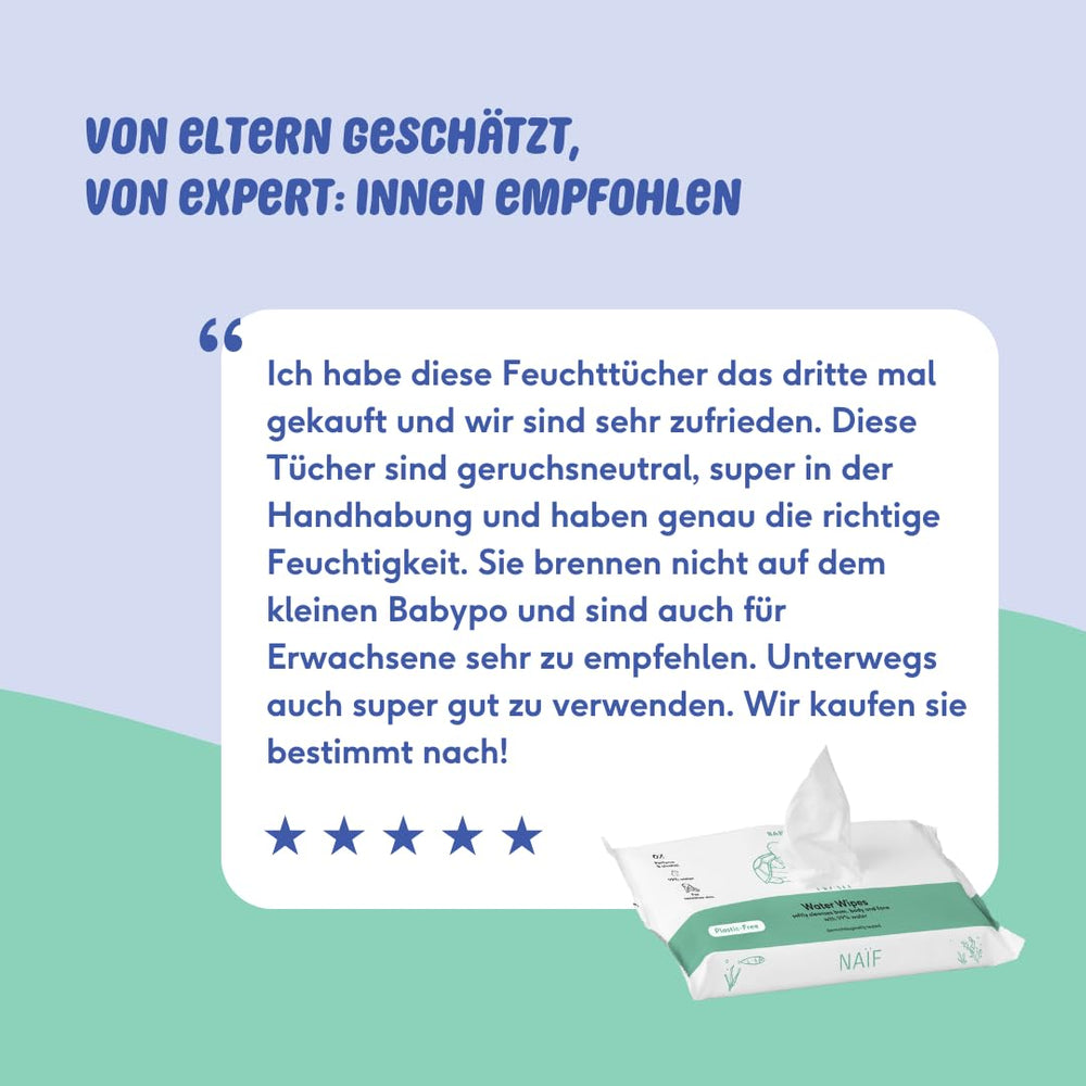 Naïf - Plastfri vådservietter - 162 stykker (3 pakker med hver 54 servietter) - Pleje af babys bund, krop og ansigt - 99% vand - 0% duft og alkohol