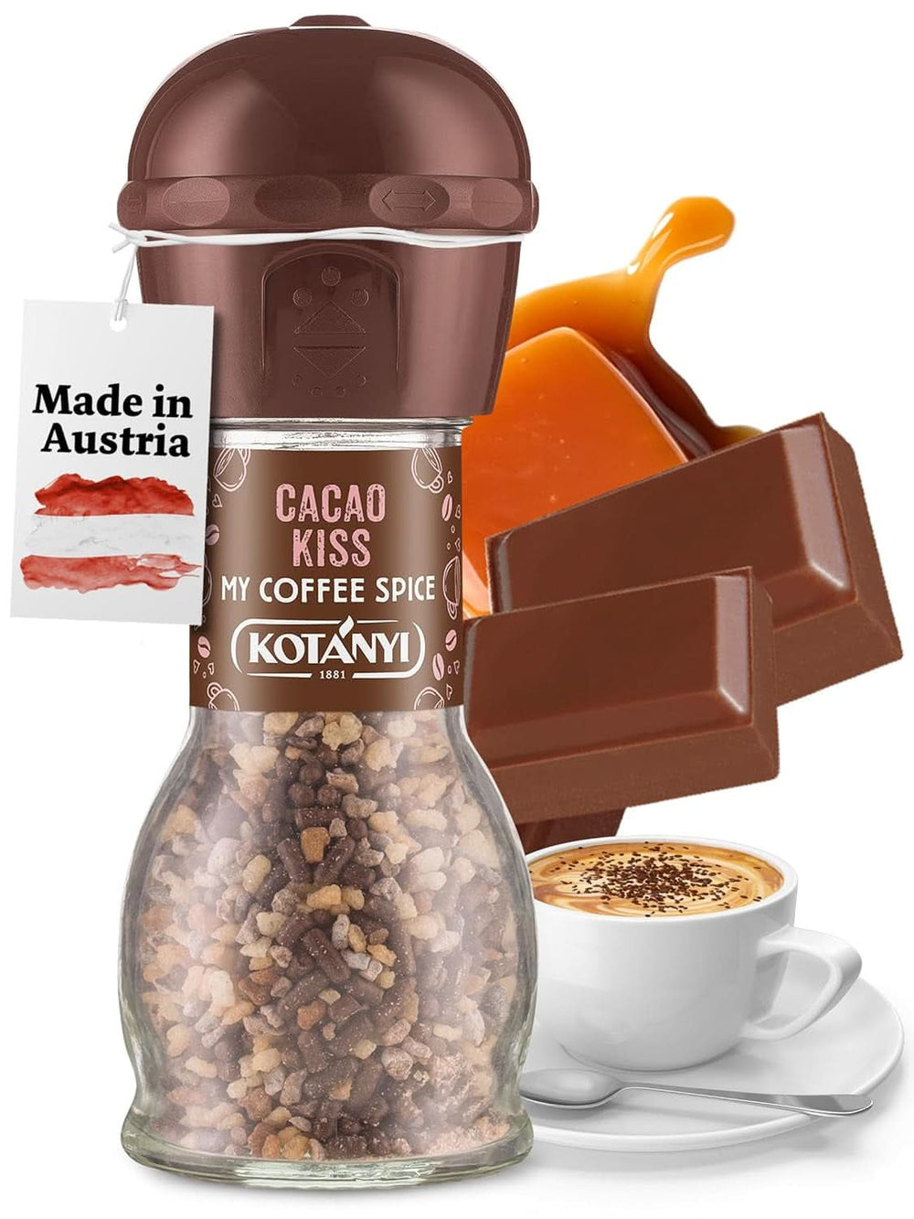 Topping pentru cafea Kotanyi Cacao Kiss | Ciocolată minunată cu bucăți fine de ciocolată, pachet de 4 (4 X 63 grame) Naty Shop Cacao Kiss 1 râșniță manuala cu cacao