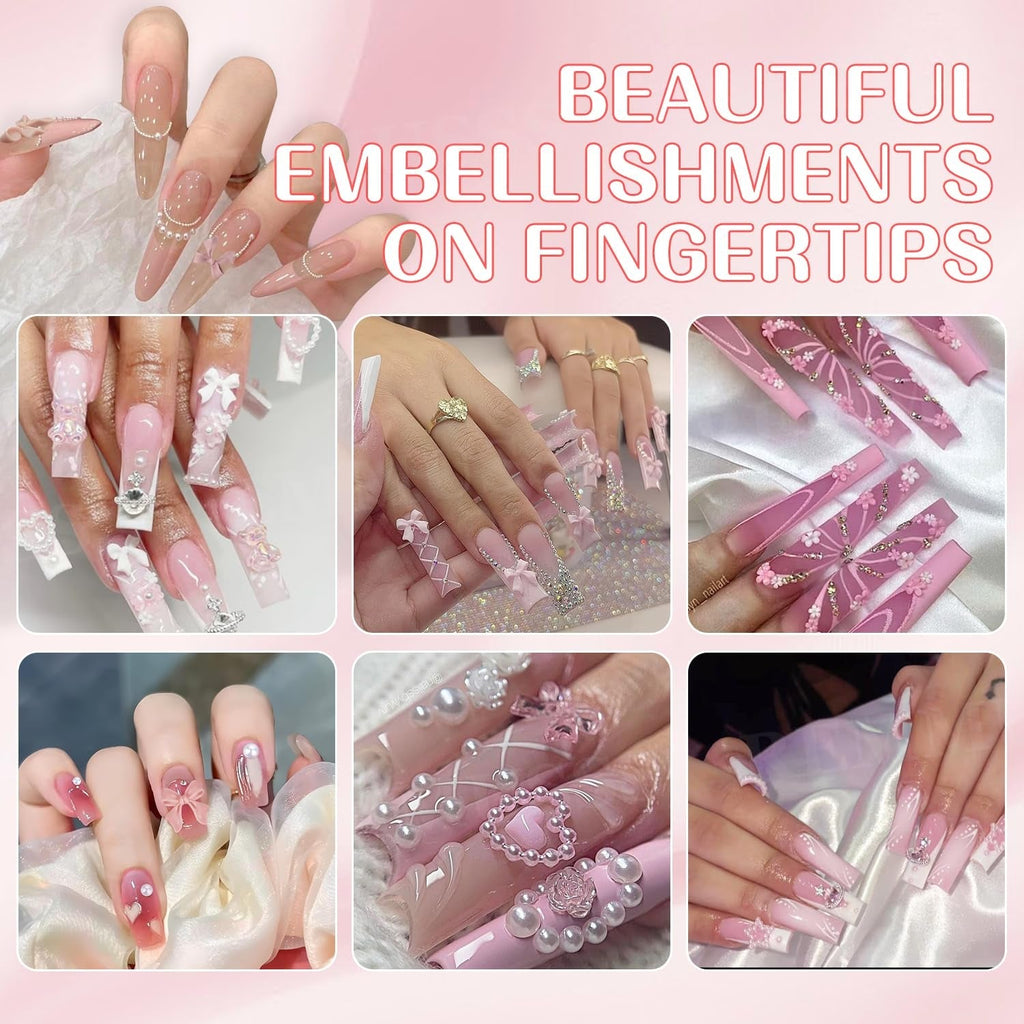 Decorațiuni 3D pentru unghii, 1 cutie de brelocuri pentru unghii, brelocuri pentru unghii cu fundă în formă de inimă și flori în stil mixt, decorațiuni pentru unghii din rășină, pentru decorațiuni Nail Art, accesorii DIY pentru artizanat