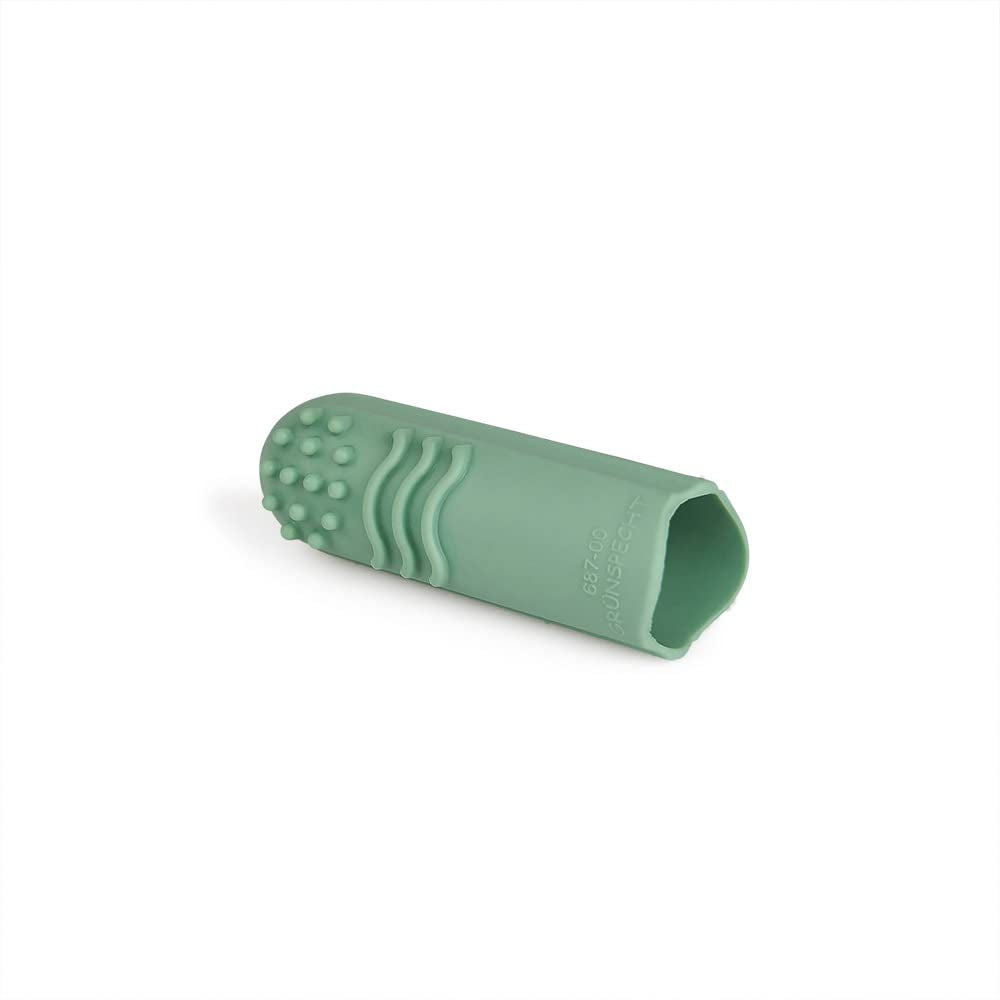 Inel de dentiție din cauciuc natural organic pentru bebelușii care își fac dentiția, masează gingiile, fără BPA, moale, promovează motricitatea fină, design cu dinozauri (639-V1) și periuță de dinți pentru degete din cauciuc natural