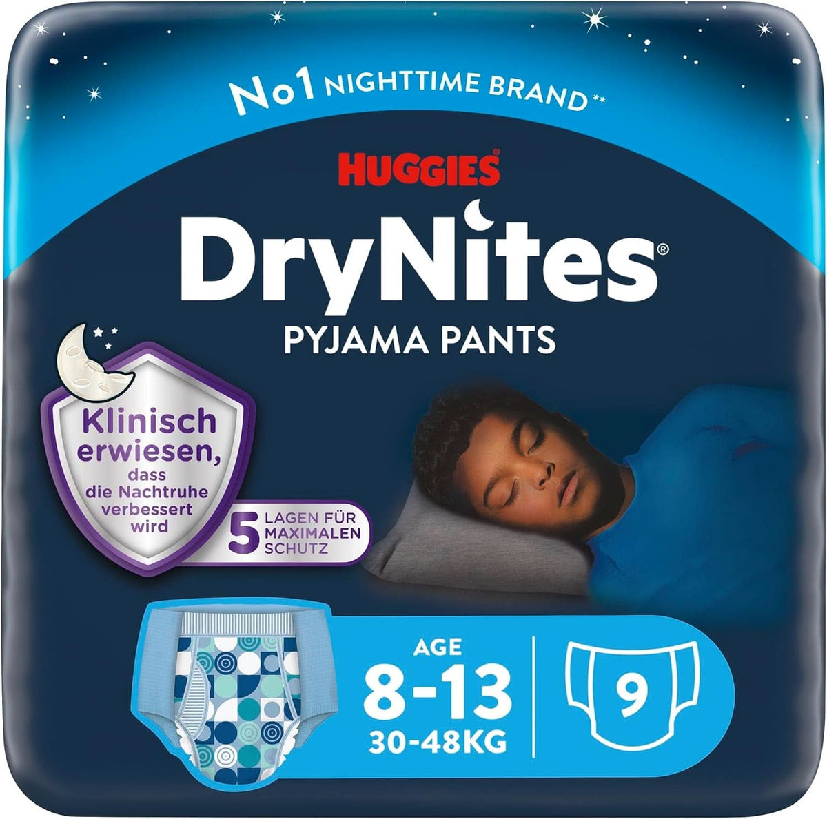 Huggies Drynites Superabsorberende nattbleer, til drenge 8-13 år (30-48 kg), 9 stk Mor og barn Naty Shop