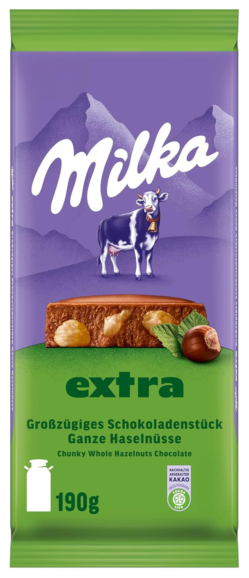 Hele hasselnødder med chokolade Milka Extra - Alpine mælkechokolade med sprøde hele hasselnødder - 12 x 190g