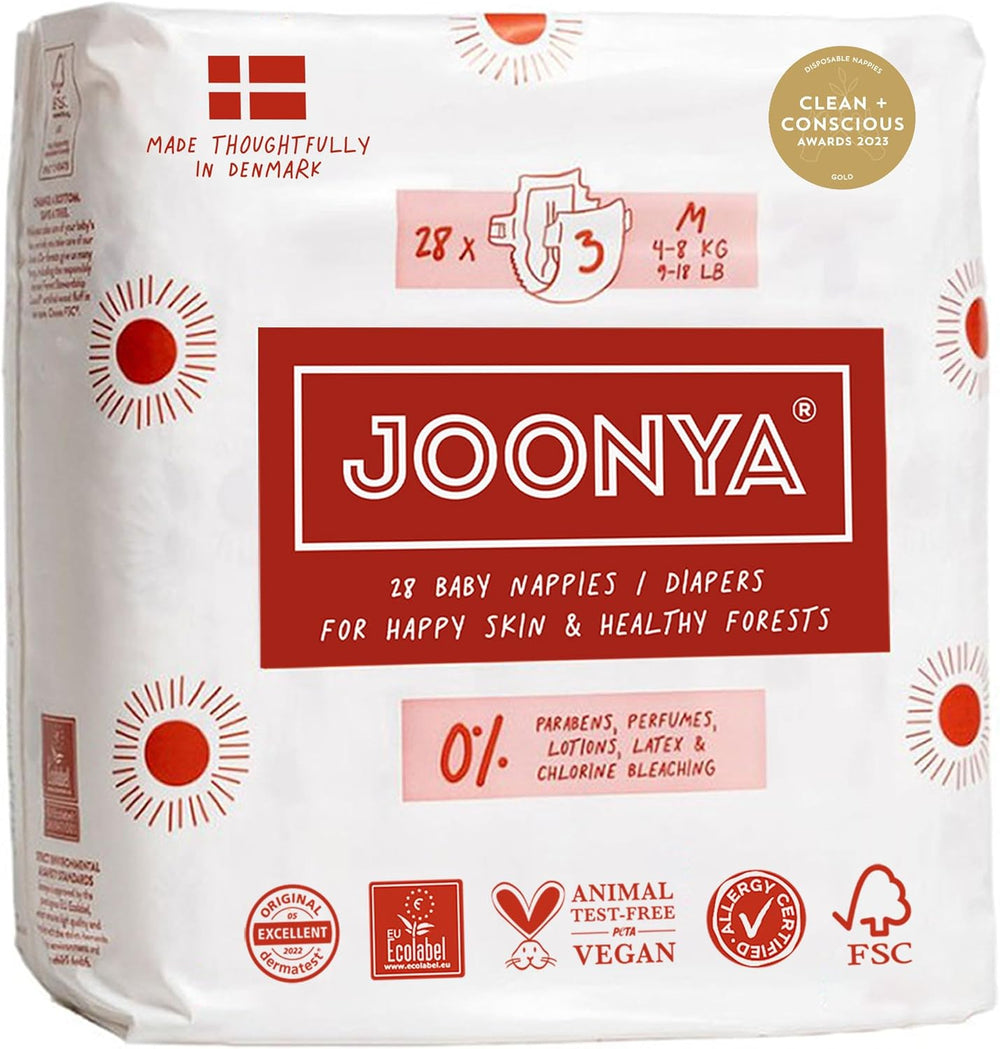 Babybleer, størrelse 3M (4-8 kg) - 1 pose med 28 - Ingen skadelige stoffer, miljøvenlig, højabsorberende, velegnet til natbrug, ultratynde og bløde - Fremstillet i Danmark