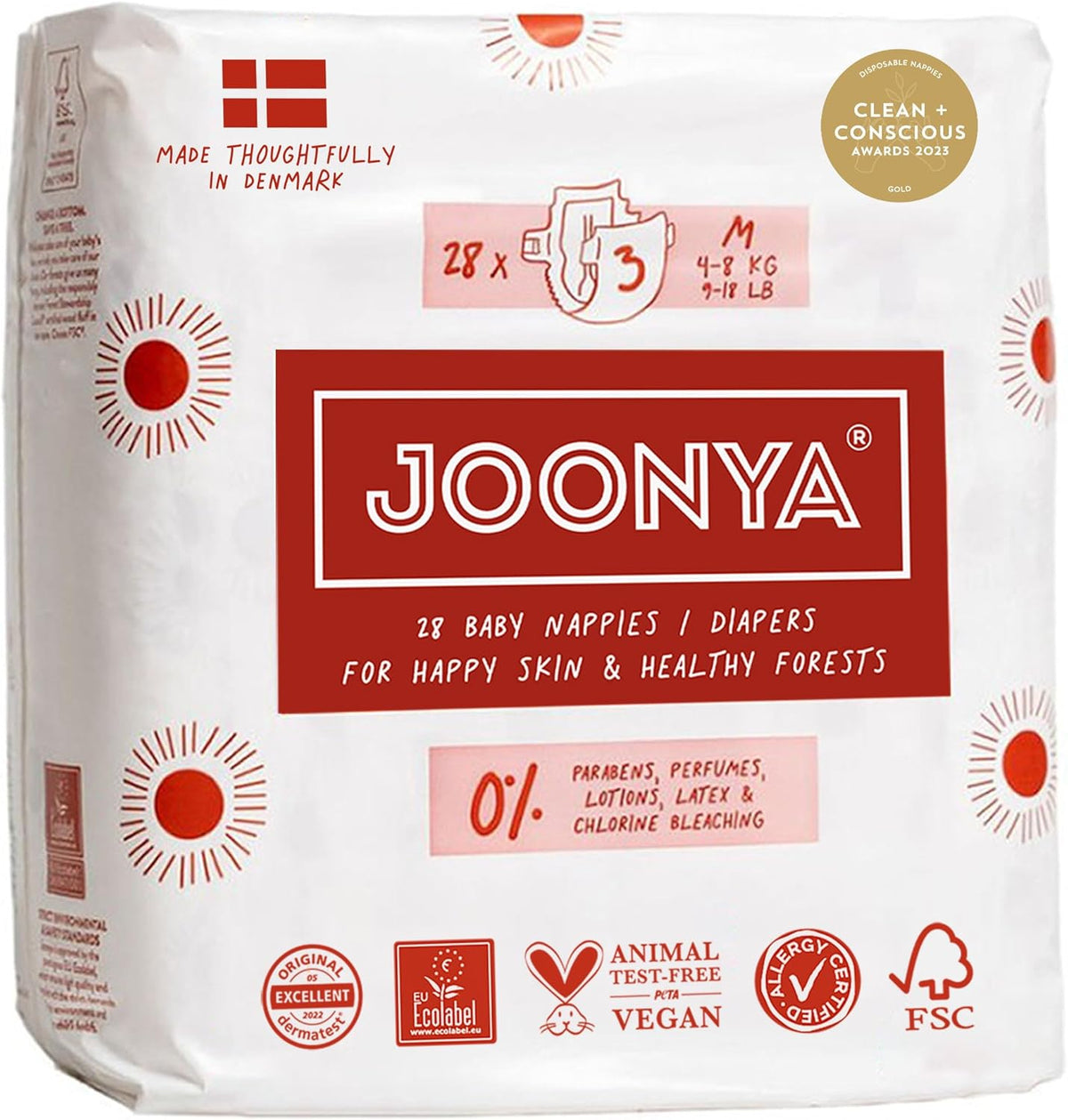 Babybleer, størrelse 3M (4-8 kg) - 1 pose med 28 - Ingen skadelige stoffer, miljøvenlig, højabsorberende, velegnet til natbrug, ultratynde og bløde - Fremstillet i Danmark