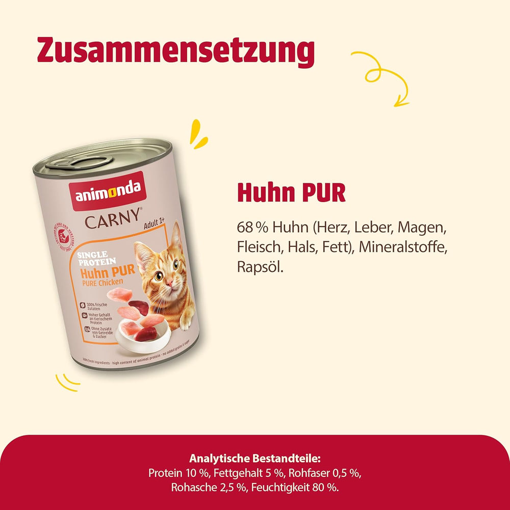 animonda Carny Adult Single Protein Pure Chicken (6 x 400 g), hrană umedă pentru pisici adulte cu o singură sursă de proteine, hrană umedă pentru pisici adulte, fără cereale și fără zahăr