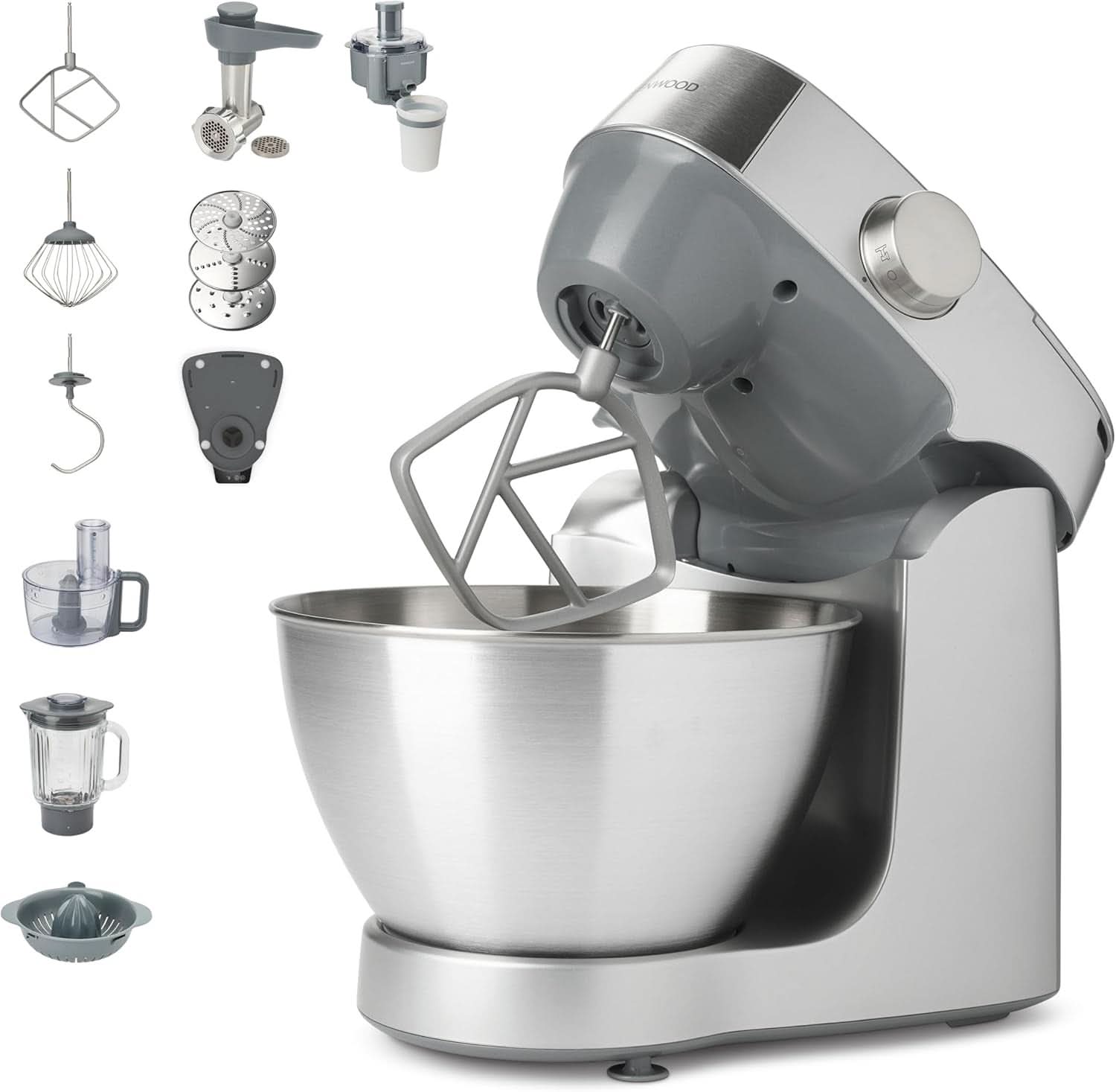 Kenwood Prospero+ KHC29A.R0SI Küchenmaschine, 4,3 L Edelstahlschüssel, Inkl. 10-Teiligem Zubehör-Set Mit Fleischwolf, Glas-Mixer, Zitruspresse, Entsafter Und Mehr, Inkl. Easyweigh Waage, 1000W, Silber Mor og barn Naty Shop Silber Inkl. 9 Zubehörteile Waage