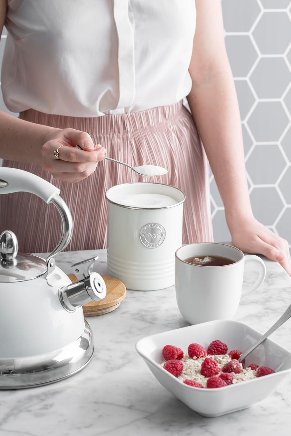 LIVING collection, bol de zahăr cu capac | cremă pastel | cutie de depozitare 1 L bucătărie pentru zahăr | recipient din oțel pentru zahăr cu capac | borcane de depozitare etanșe din bambus cu capac Cutii depozitare alimente Naty Shop