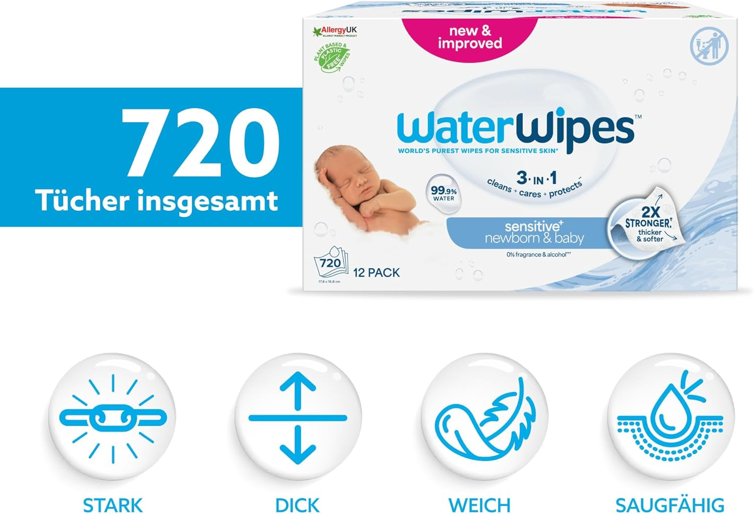 WaterWipes Sensitive+ vådservietter til nyfødte og babyer, 720 Count (12 Pack), 3-i-1 rengøring, pleje, beskyttelse, 99,9 % vand, parfumefri