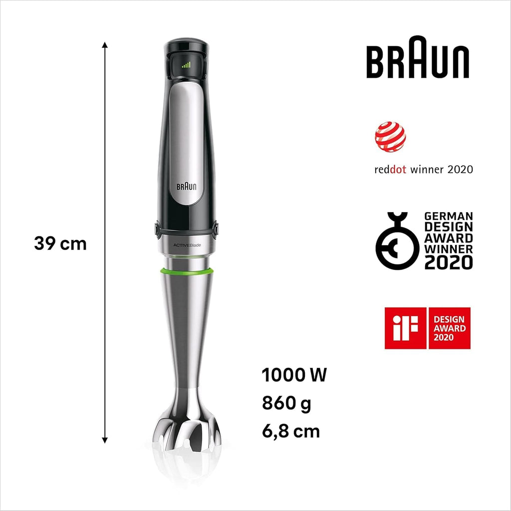Braun Multiquick 7 MQ 7035X Stabmixer - Pürierstab Mit Abnehmbarem Edelstahl Mixfuß Mit Activeblade Technologie Zum Pürieren Der Härtesten Zutaten, Inkl. 3-Teiliges Zubehör Set, 1000 Watt, Schwarz Bucatarie Naty Shop
