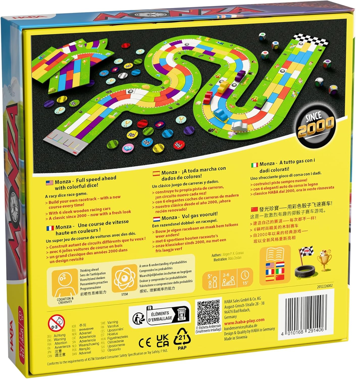 HABA Monza - Hurtigt brætspil og bilspil for børn 5+ - med 6 farverige træbiler og farverige terninger - 2012226001