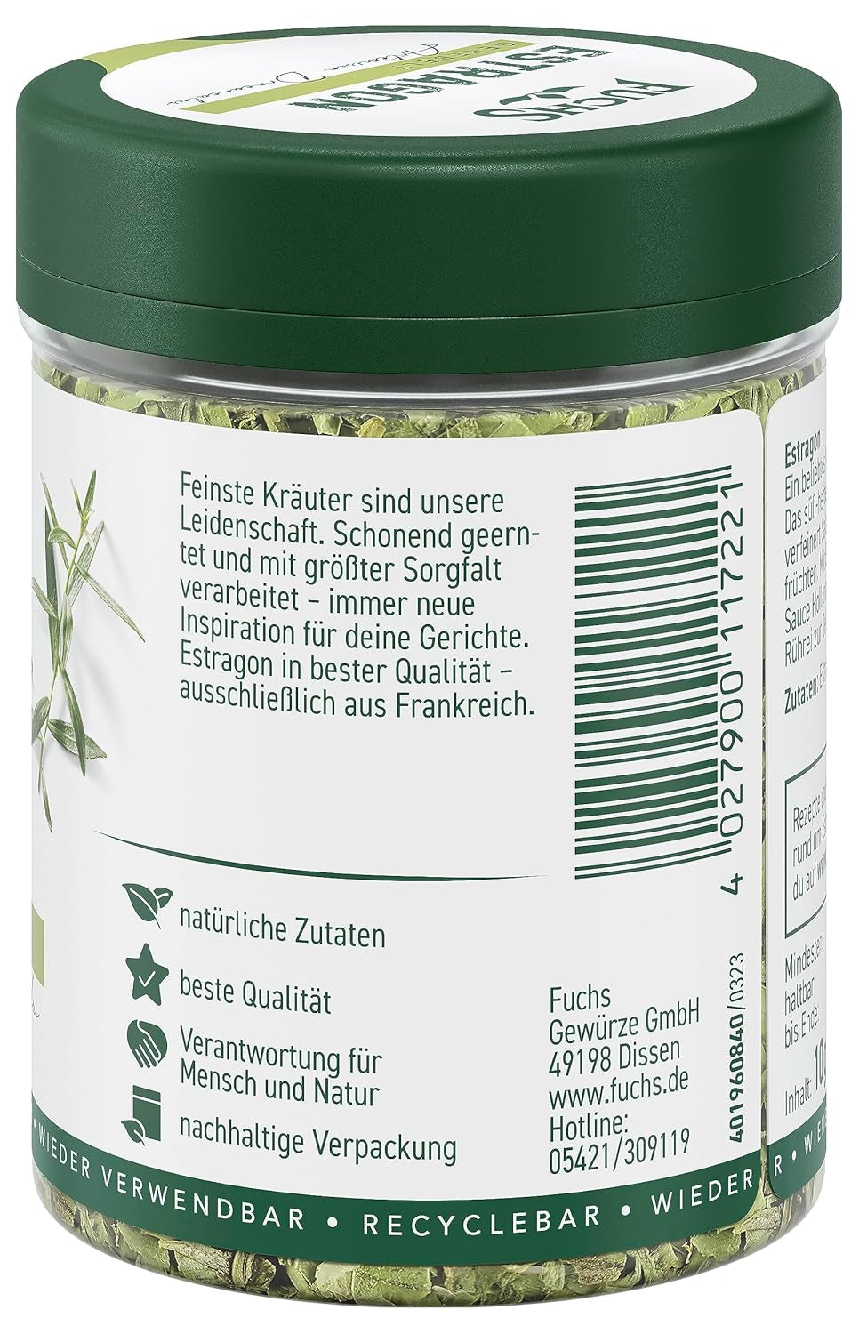 Fuchs Gewürze - Estragon gerebelt - französisches Kraut zur Verfeinerung von Saladen, Sauce Hollandaise eller Rührei - naturlige ingredienser - 10 g i wiederverwendbarer, genbrugsbarer Dosis