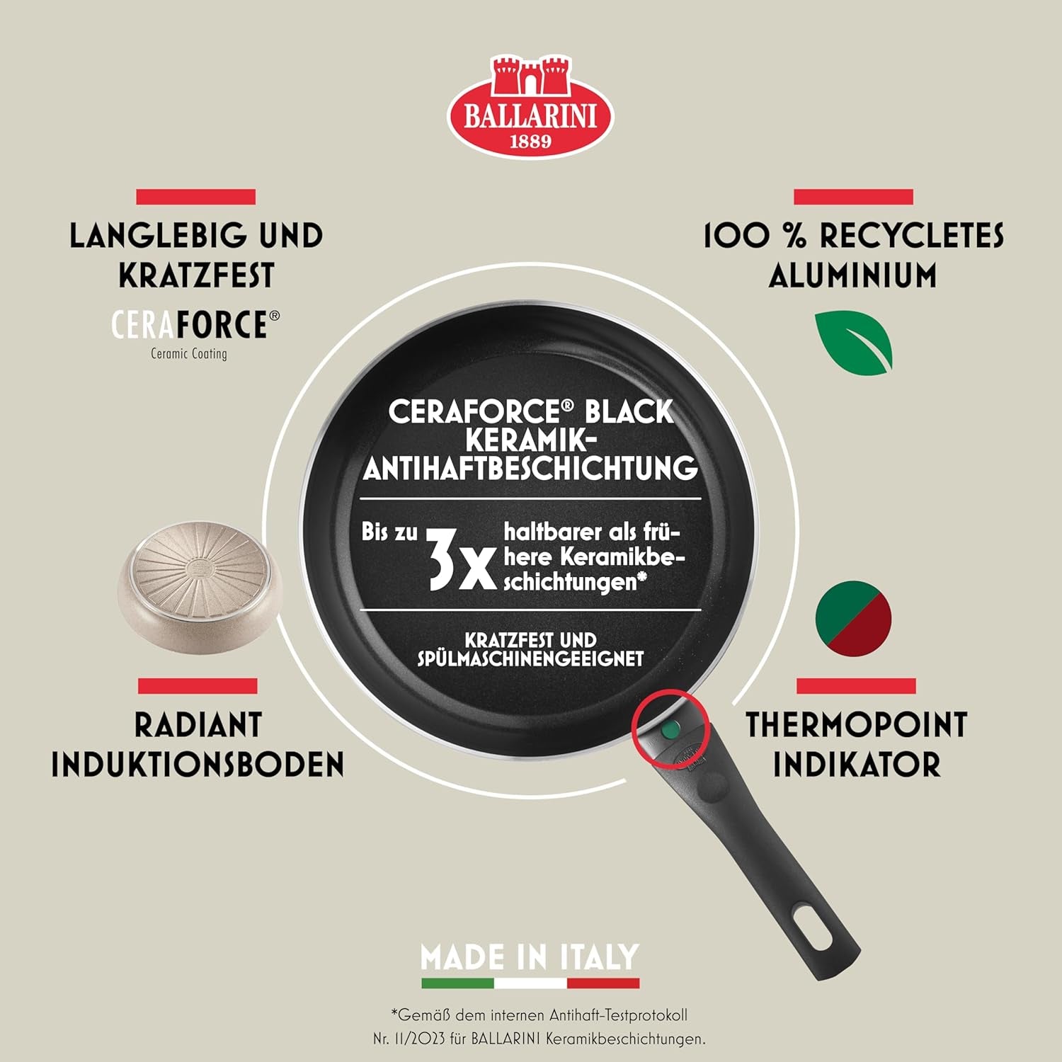 Tigaie Ledro, 24 cm, aluminiu, potrivită pentru inducție, strat ceramic antiaderent, Thermopoint, Made in Italy, bej Oale si Tigai Naty Shop