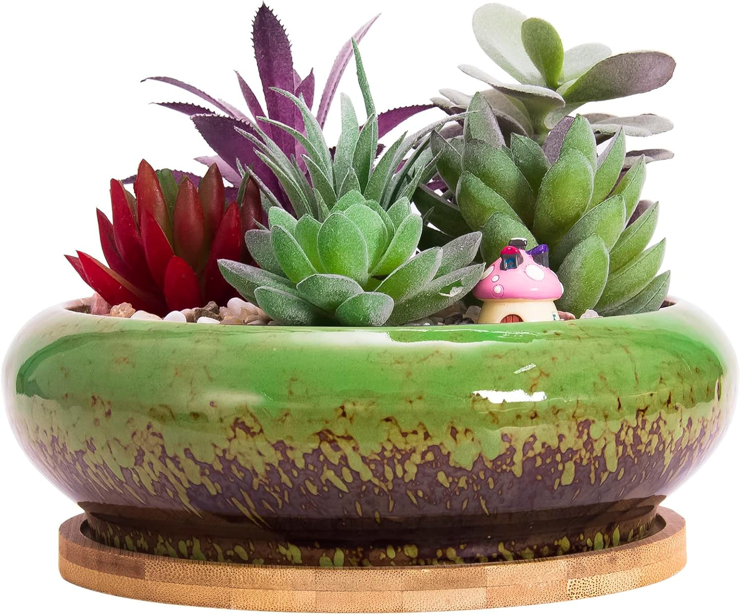 Ghivece mari pentru plante suculente cu farfurioare din bambus, jardiniere ceramice pentru cactus de 18,5 cm, ghivece rotunde pentru flori, recipiente pentru bonsai pentru grădină, birou, decorare birou
