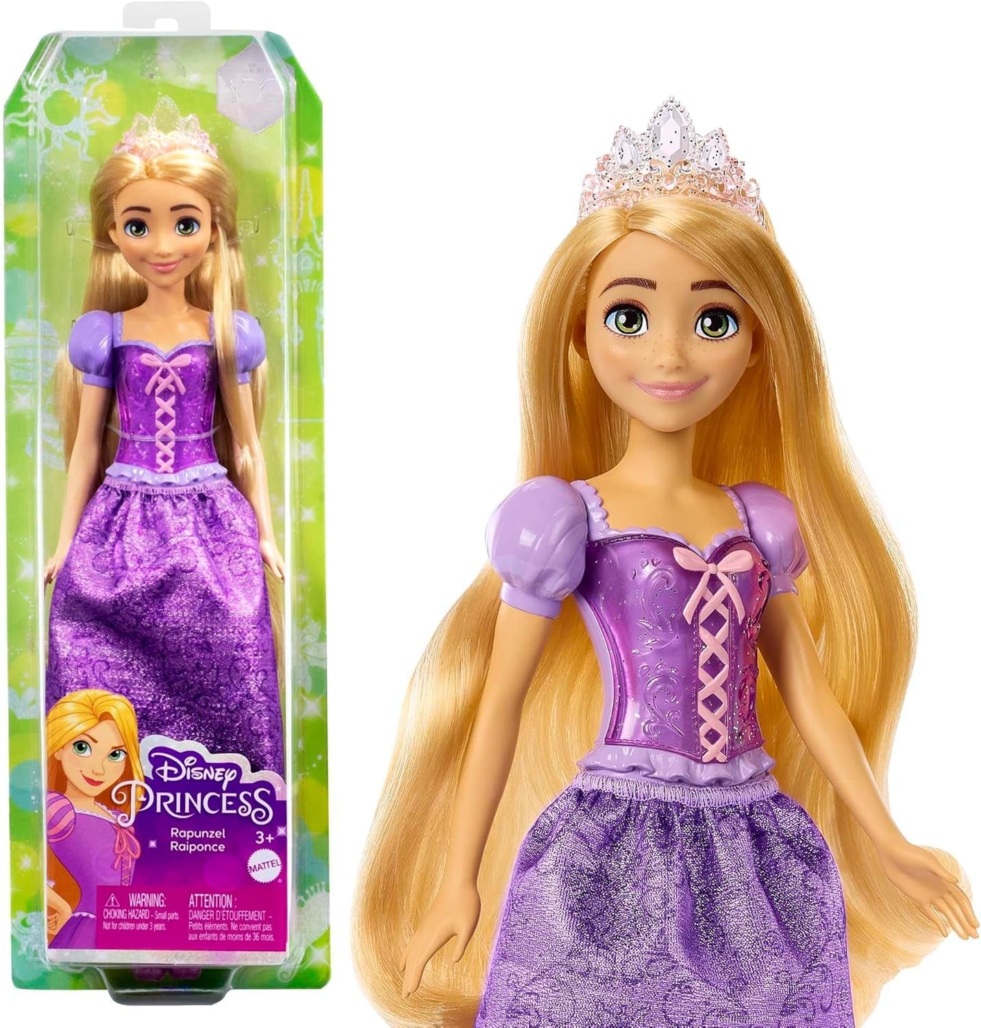 Mattel Disney Princess Rapunzel dukke, Langt hår til at style, Mobil, Aftagelige sko og diadem, Disney gaver, Legetøj fra 3 år, HLW03 Naty Shop Rapunzel Dolls