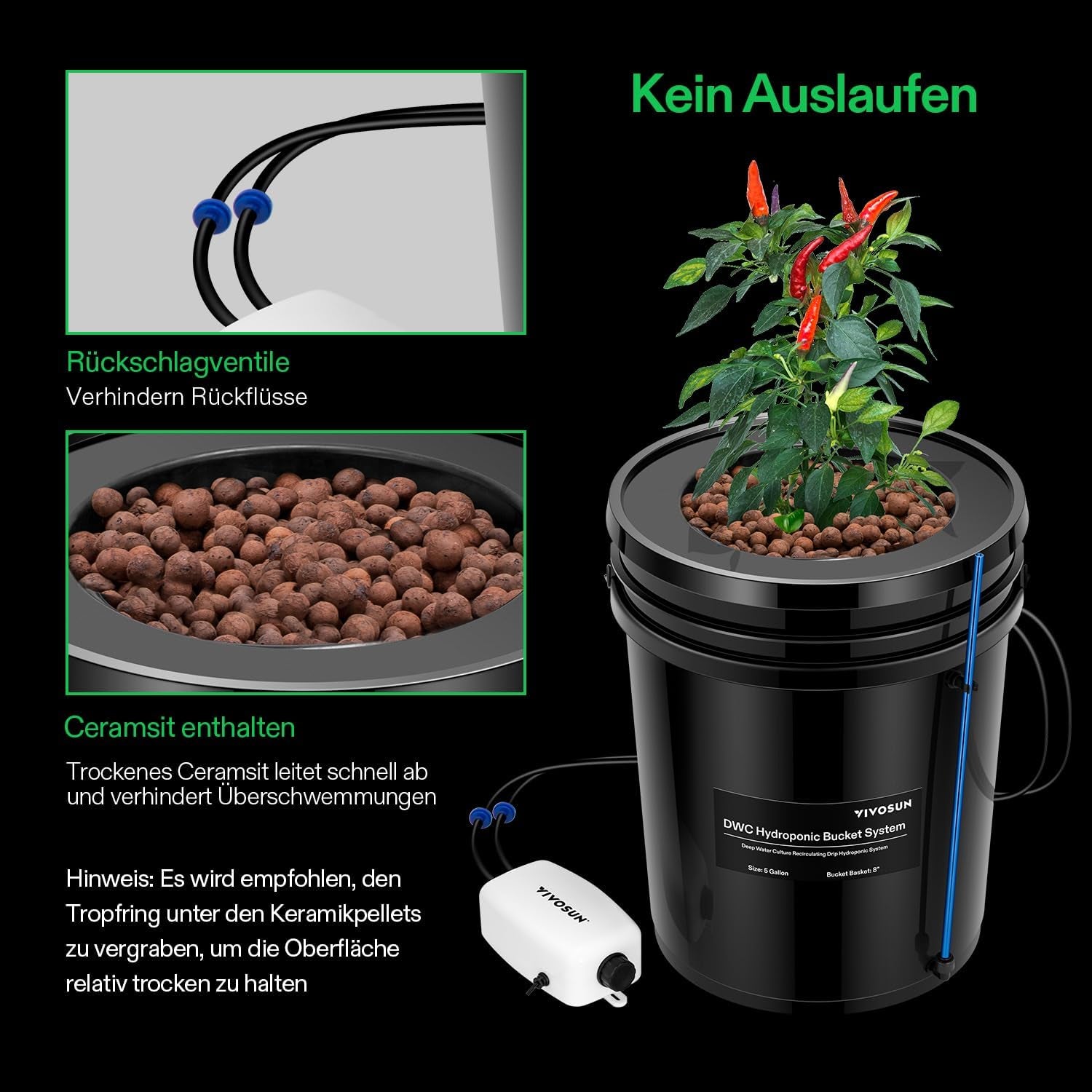 VIVOSUN DWC Hydrokultur Anbausystem med Topf-Dripkit, 5-Gallonen Tiefwasserkultur, Umwälz-Tropfgartensystem med Mehrzweck-Luftschlauch, 8W Luftpumpe og Luftstein (1 Bucket + Top-Drip-Kit)