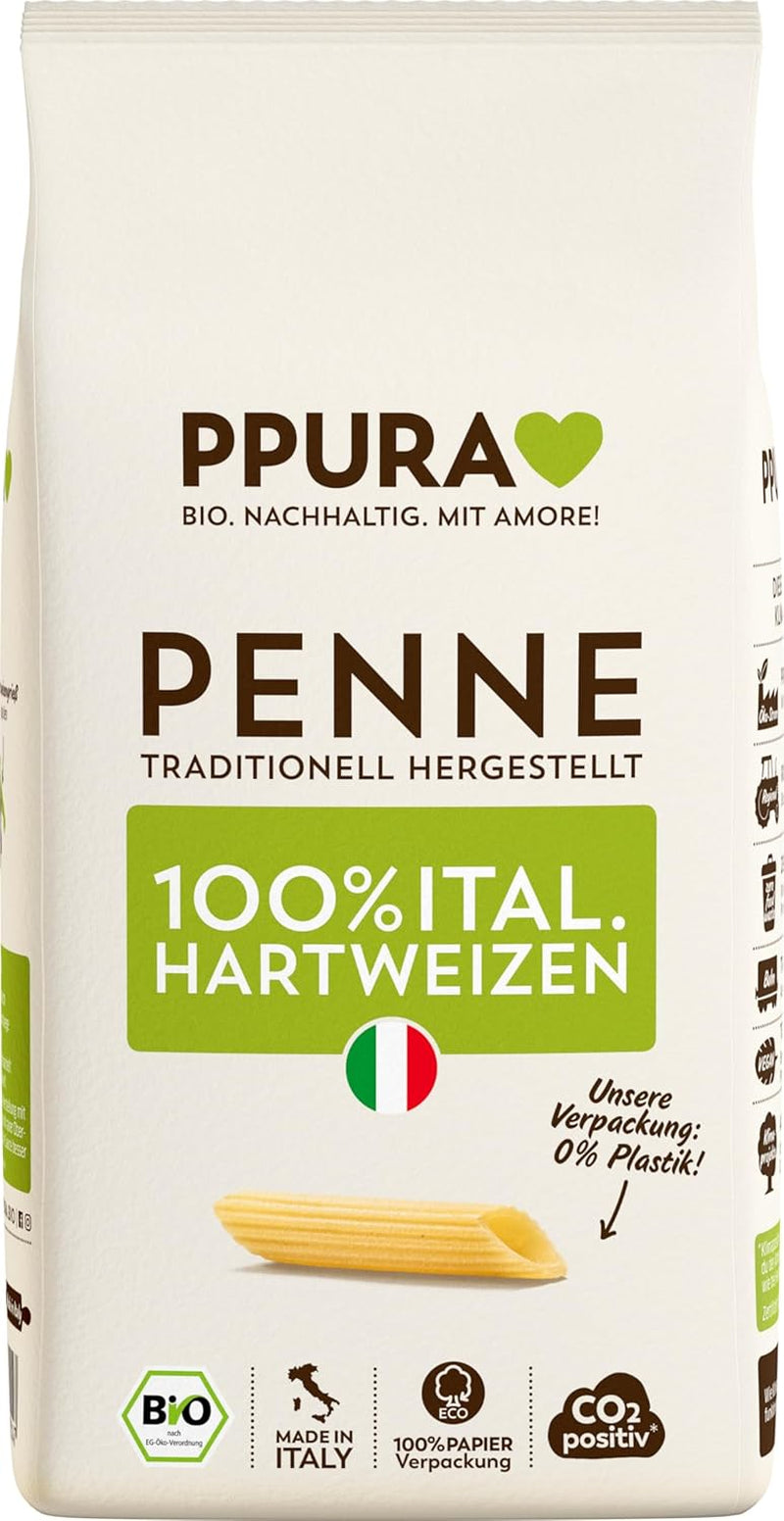 PPURA Økologisk Durum Wheat Penne Pasta 500g, 100% naturlig rørformet pasta, Made in Italy - Italiensk pasta uden tilsætningsstoffer, farvestoffer eller konserveringsmidler