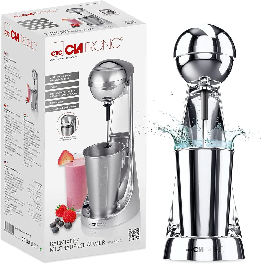 Clatronic® Barmixer U. Milchaufschäumer | Smoothie Maker | 650Ml Edelstahlbehälter | Praktischer Becherhalter | Mixer | 2 Geschwindigkeitsstufen | Kraftvoller 65 Watt Motor | Chromdesgin | BM 3472 Bucatarie Naty Shop
