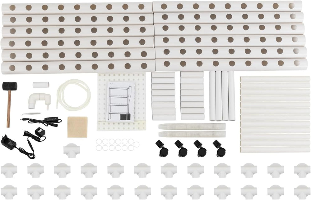 Hydroponisk dyrkningssæt med 108 plantepladser, 4 niveauer med vandpumpe. Hydroponics system lavet af fødevarekvalitet PVC-U rør til hjemmet, altanen, haven og altanens grøntsager.