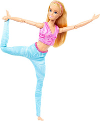 Păpușă Barbie Made-to-Move cu păr blond, bluză sport roz detașabilă și pantaloni de yoga albaștri, 22 de articulații”, HRH27, [Multicoloră]