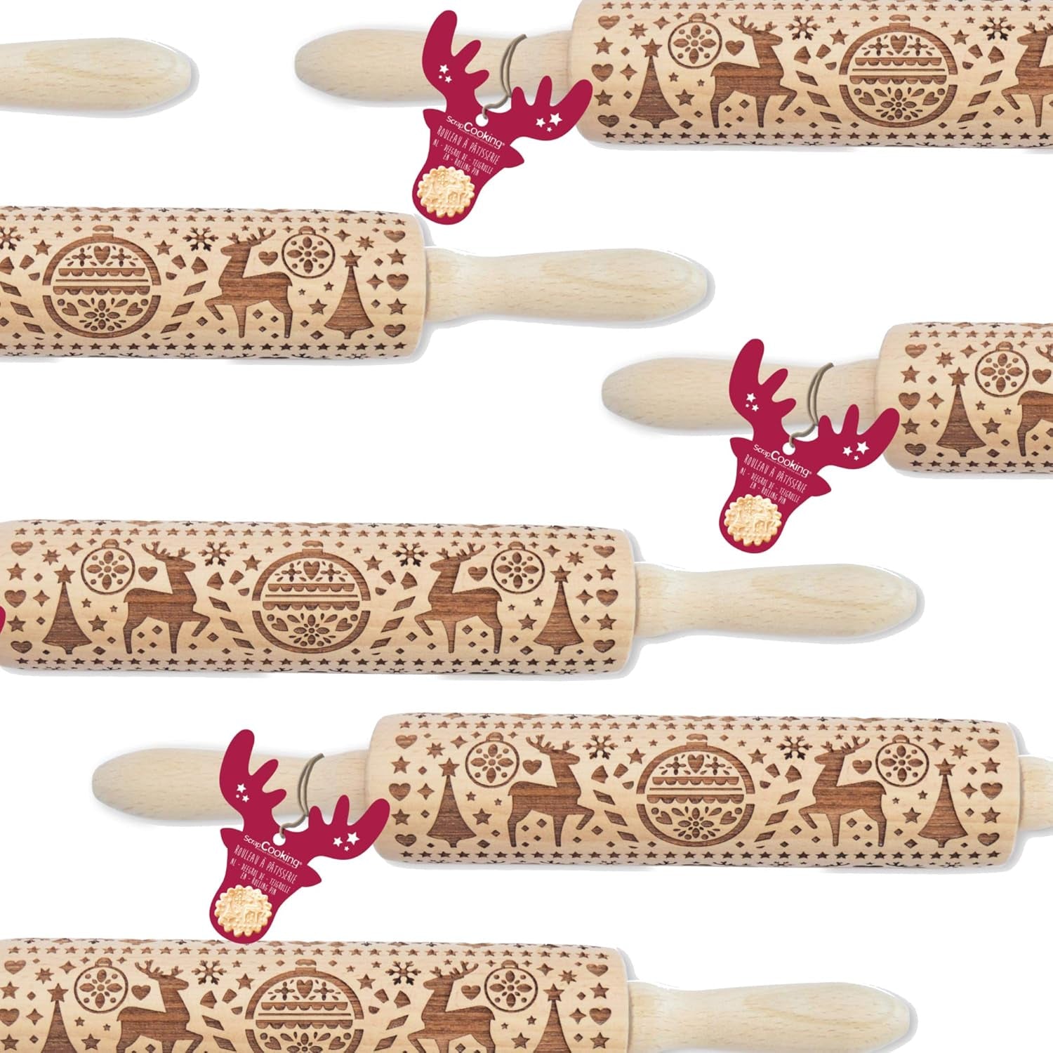 Scrap Cooking Teigrolle aus Holz "Xmas" mit weihnachtlichen Motiven – Prægerolle mit gepfragten Verzierungen für Kekse – dekorative Zubehör – 5242