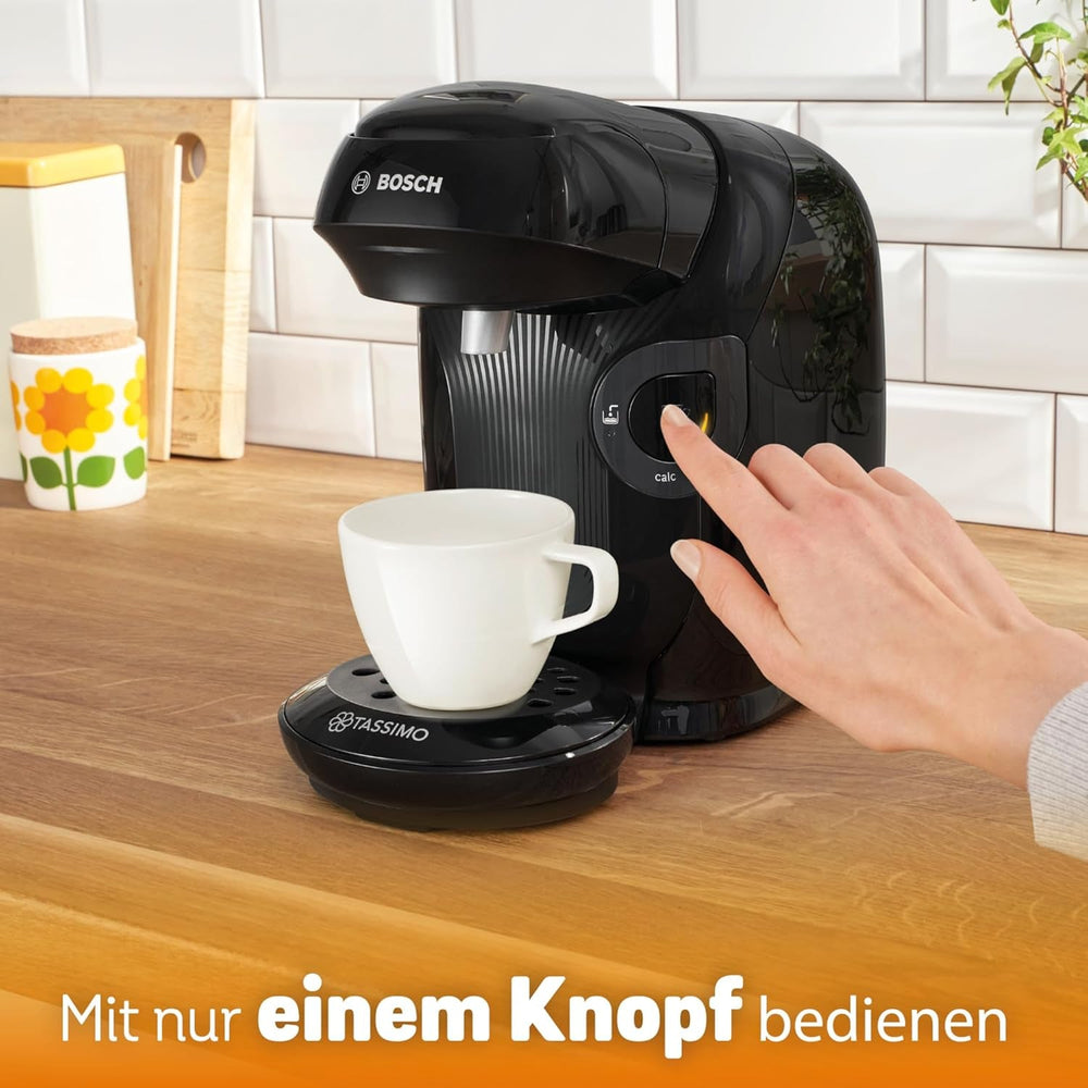 Espressor cu capsule Bosch Tassimo Style TAS112E, peste 70 de băuturi, potrivit pentru toate dimensiunile de cești, complet automat, sustenabil, economisește spațiu, 1400 W, negru