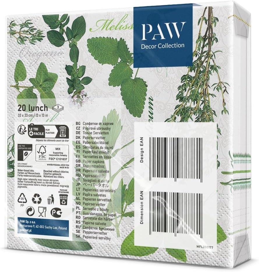 PAW - Șervețele 3 straturi (33 X 33 Cm) I 20 bucăți I Perfect pentru zile de naștere, petreceri, nunți, comuniuni și sărbători I Decorațiuni de masă Șervețele de hârtie colorate - ierburi I aromă de ierburi