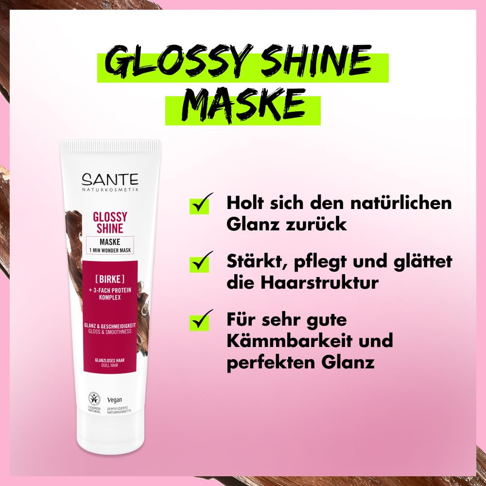 SANTE Naturkosmetik Glossy Shine Mask extract organic de frunze de mesteacăn + complex proteic de 3 ori, mască de păr fără silicon și hidratantă, îngrijire vegană a părului pentru mai multă strălucire și suplețe, 150 ml Masca de par Naty Shop