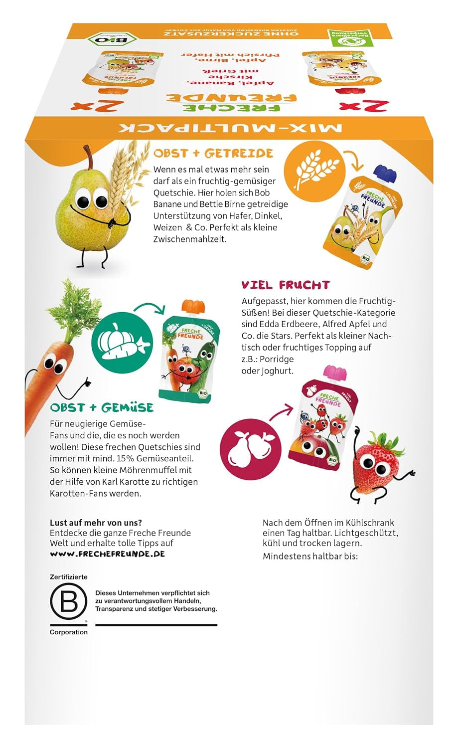 FRECHE FREUNDE Økologisk blanding i multipak-pressepose - Frugt + Korn, Frugtpuré med korn i en klembar pose til babyer fra 6 måneder, vegansk, pakke med 3, 3 x (4 x 100g)