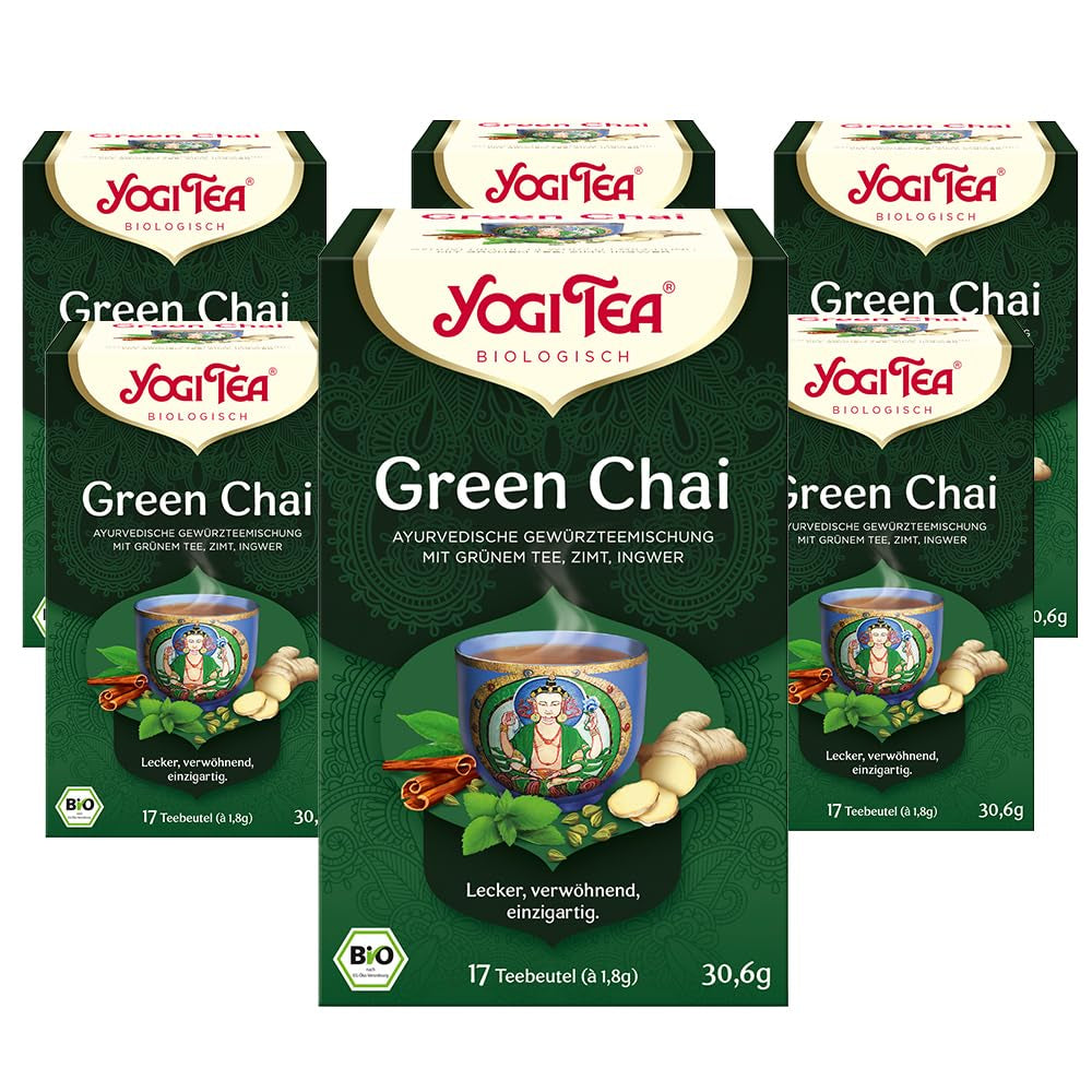 Yogi Tea Green Chai, ceai ayurvedic organic cu mirodenii, amestec de scorțișoară, mentă, ceai verde, ghimbir, cardamom și cuișoare, 6X17 pliculețe (102 pliculețe de ceai în total)