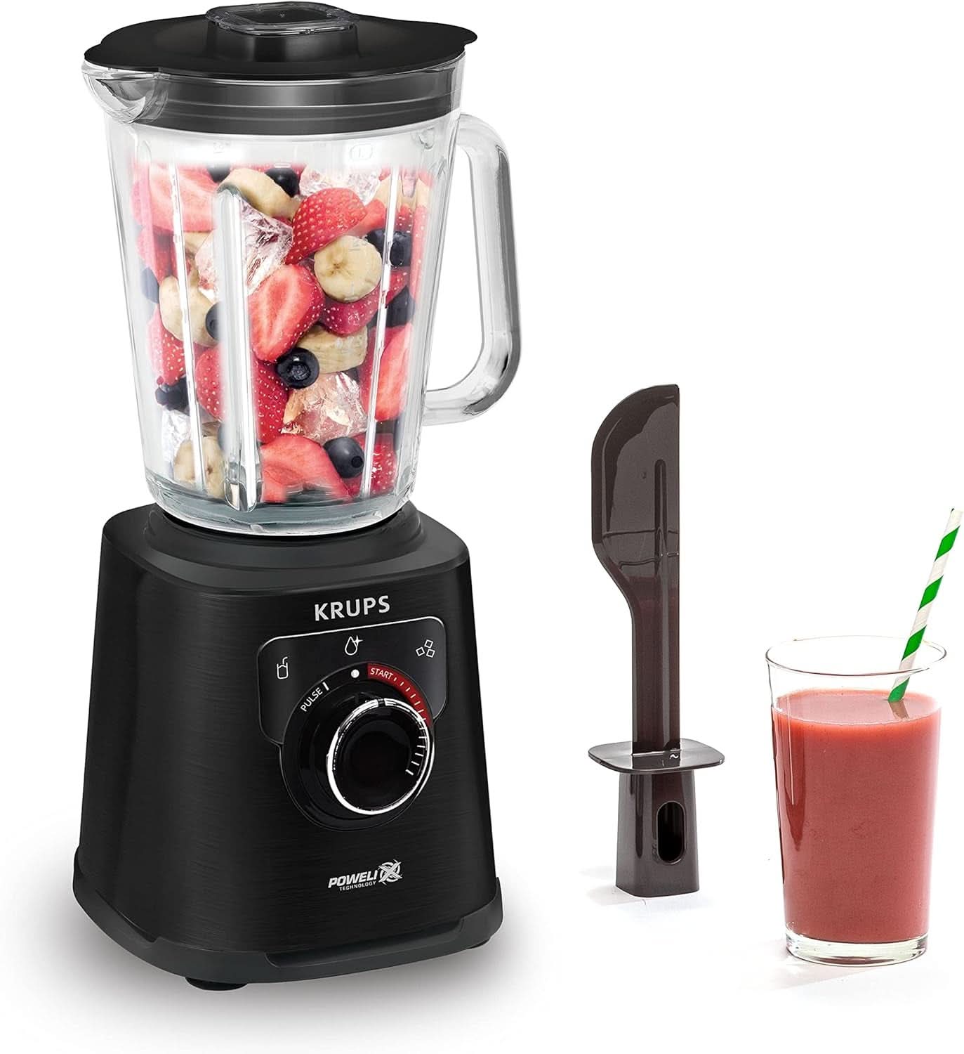 Krups KB403D Perfectmix + Hochleistungsstandmixer | 1.200W | 28.000 RPM | 2L glasbeholdere | 3 forudindstillede programmer | Powelix- Technologie | Edelstahl/Dunkelgrau Køkken Naty Shop Schwarz