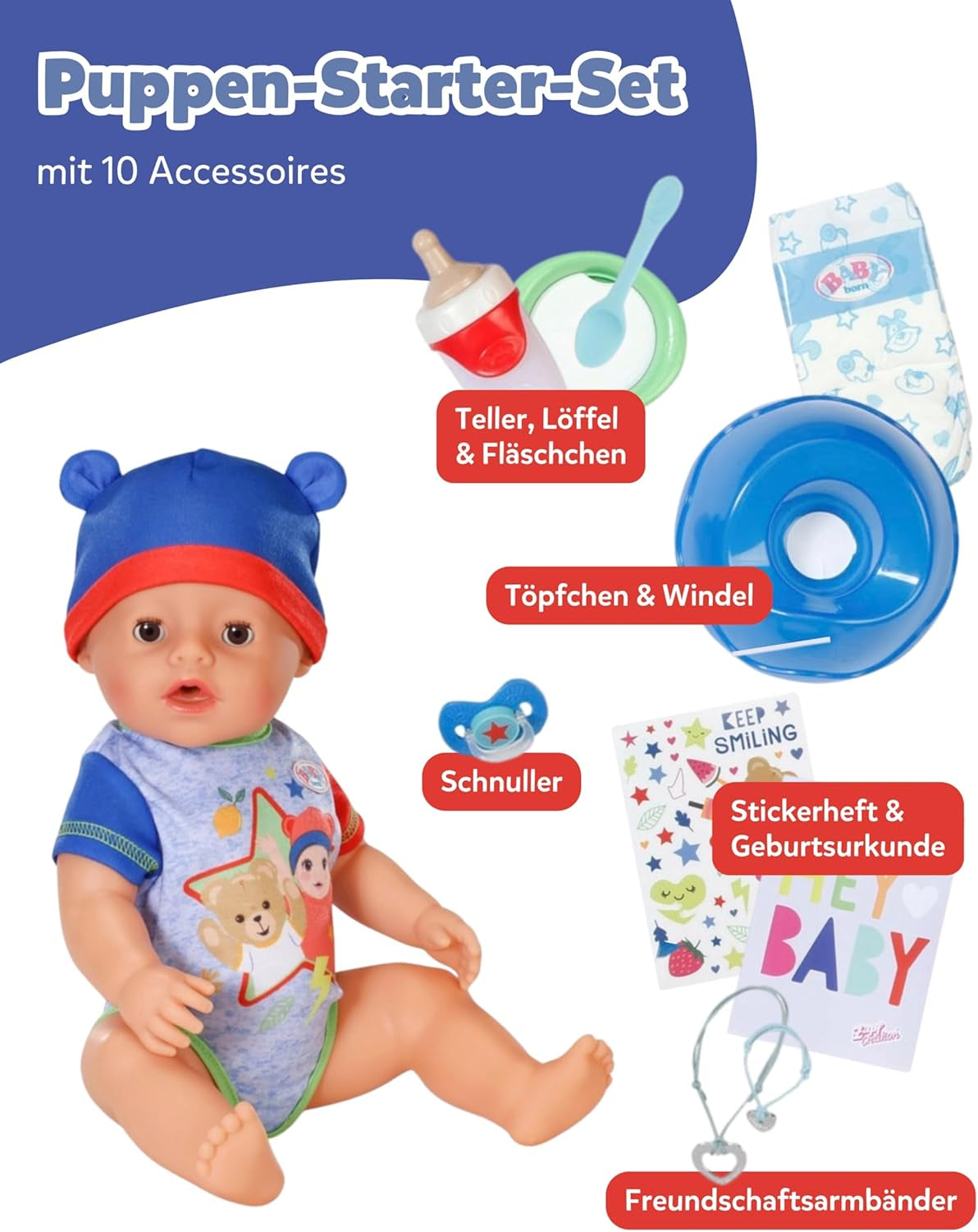 BABY Born Jonas - păpușă bebeluș 43 cm - 10 funcții, inclusiv accesorii și saltea - Funcționează complet fără baterii - Potrivit pentru copii cu vârsta de 3 ani și peste