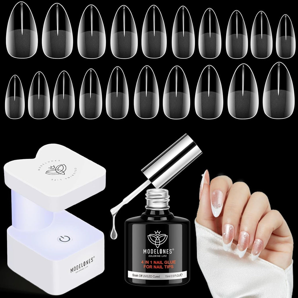 Modelones Kit pentru unghii și gel adeziv 500 buc. Set extensii unghii cu gel adeziv Kit unghii cu gel, adeziv unghii și mini lampă unghii acoperire completă vârfuri unghii presă pe Nail Art Studio Salon DIY