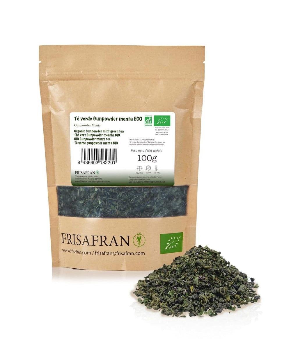 FRISAFRAN | Ceai verde Gunpowder cu mentă bio, vrac, 100 g | Antioxidant | Ceai verde japonez | Digestiv | Sănătos | Băutură răcoritoare | Infuzie de mentă | Ceai pur | Frunze de mentă | Cald-rece | Mentă