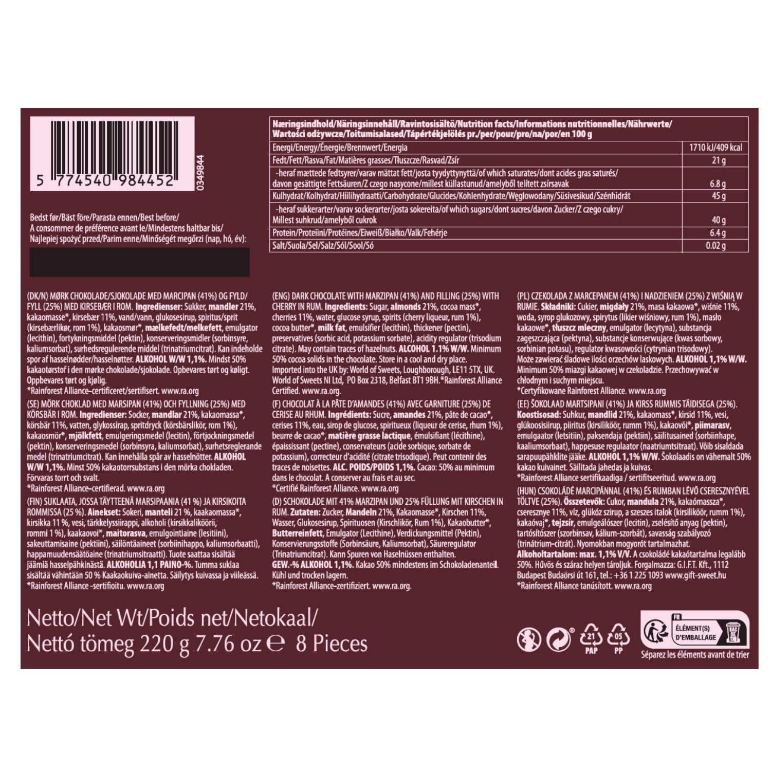 Kirsebær i rom – 220 g – 8 mørk chokolademønter med kirsebær og romgele – Marcipanspecialitet med frugt og alkohol – Chokolade med alkohol – Gaveidé