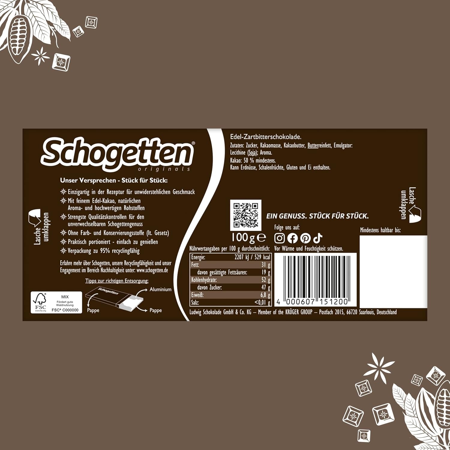Schogetten mørk chokolade (50% kakao), 100 g