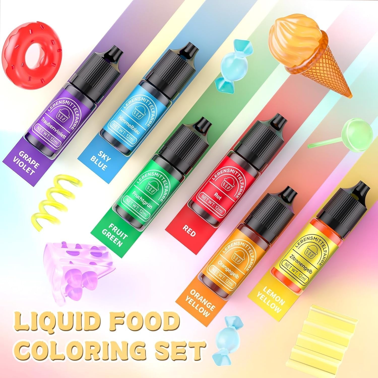 Colorant alimentar 6 culori x 12 ml, colorant alimentar lichid foarte concentrat pentru copt, set de coloranți alimentari pentru fondant, prăjituri de Crăciun, macarons, gogoși, fursecuri (curcubeu)