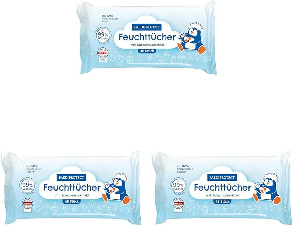 PAEDIPROTECT Baby vådservietter 1 x 10 stk. Sensitive baby vandvådservietter 99% vandparfumefri baby & børn delikat hud kokosekstrakt Mikroplastfri vegansk (5 pakke)