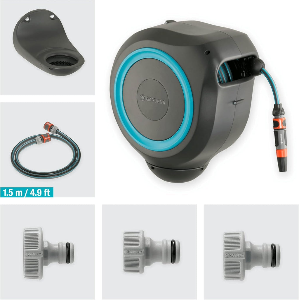 Cutie de furtun de perete Gardena RollUp M (turcoaz) 20m: Irigații flexibile pentru grădini de dimensiuni medii, tambur de furtun rotativ, cu suport de perete, componente ale sistemului și duză de pulverizare, inclusiv furtun de 20m (18610-20)