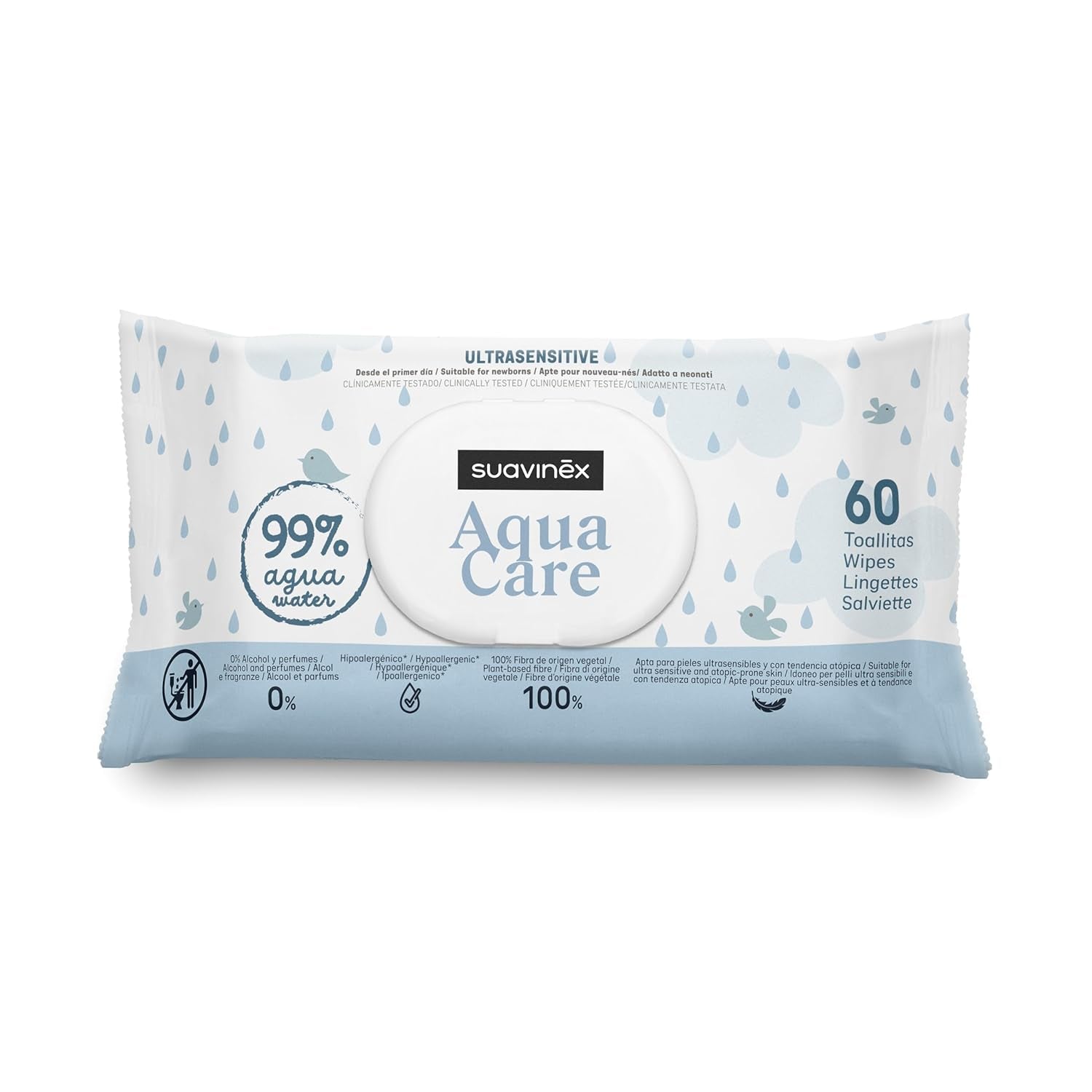 Suavinex Aqua Care Baby Vådservietter 60 Antal renseservietter 99% Vand Plantefiber Aloe Vera Duftfri Alkoholfri Dermatologisk testet Velegnet til følsom hud