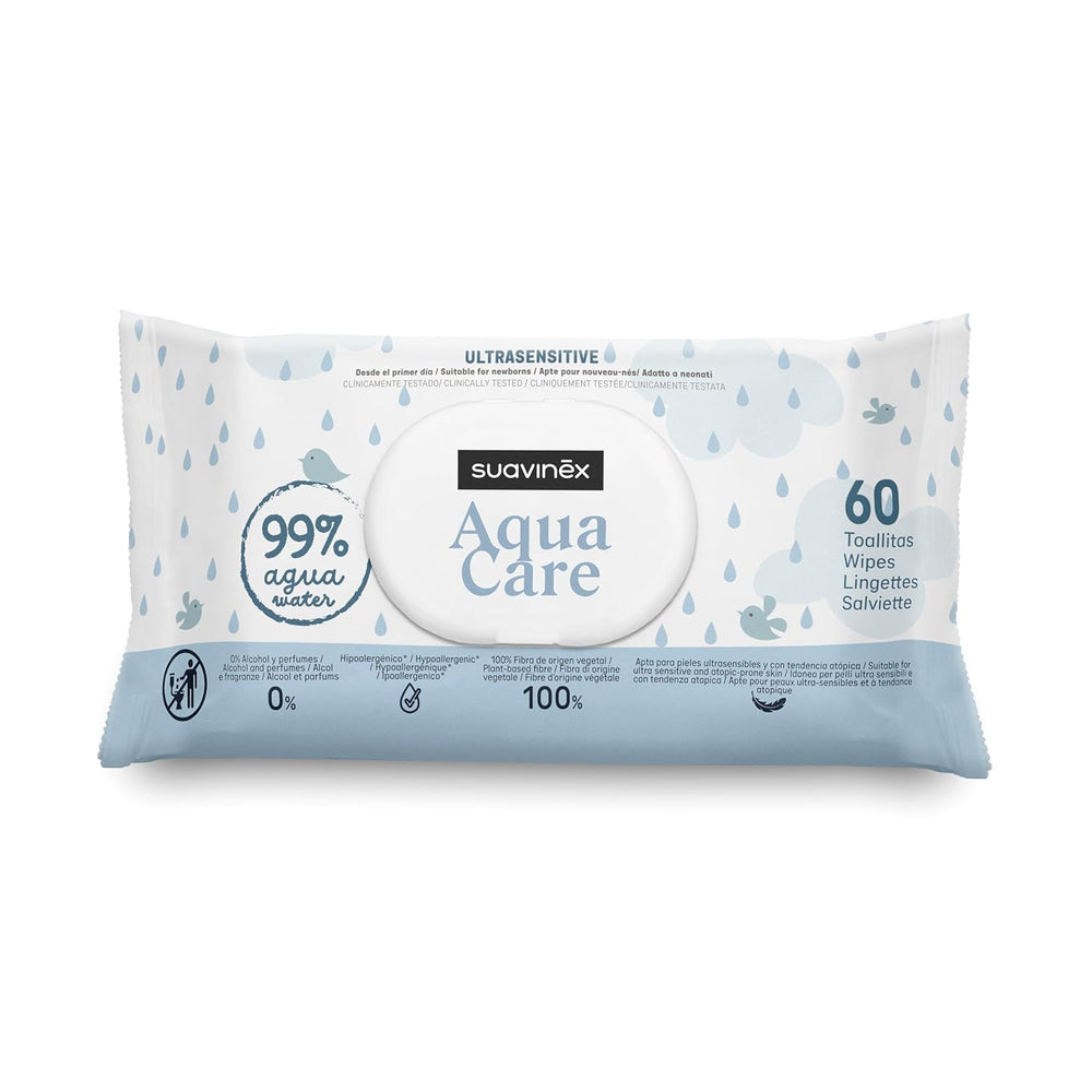 Suavinex Aqua Care Baby Vådservietter 60 Antal renseservietter 99% Vand Plantefiber Aloe Vera Duftfri Alkoholfri Dermatologisk testet Velegnet til følsom hud