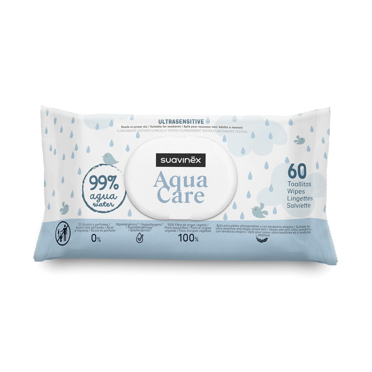 Suavinex Aqua Care Baby Vådservietter 60 Antal renseservietter 99% Vand Plantefiber Aloe Vera Duftfri Alkoholfri Dermatologisk testet Velegnet til følsom hud