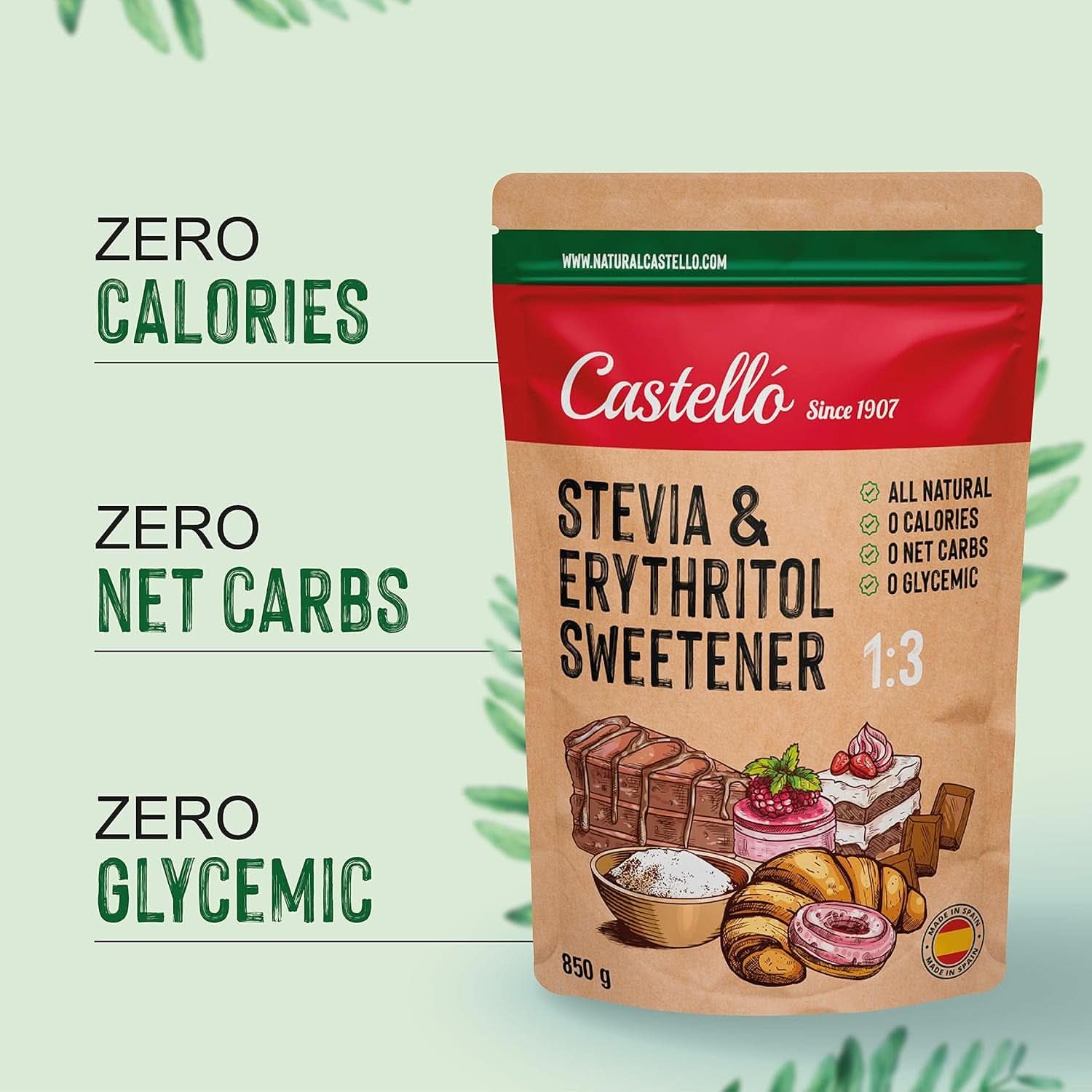 Stevia + Erythritol 1:3 sødemiddel, 1G = 3G sukker, 850 gram sødemidler Naty Shop