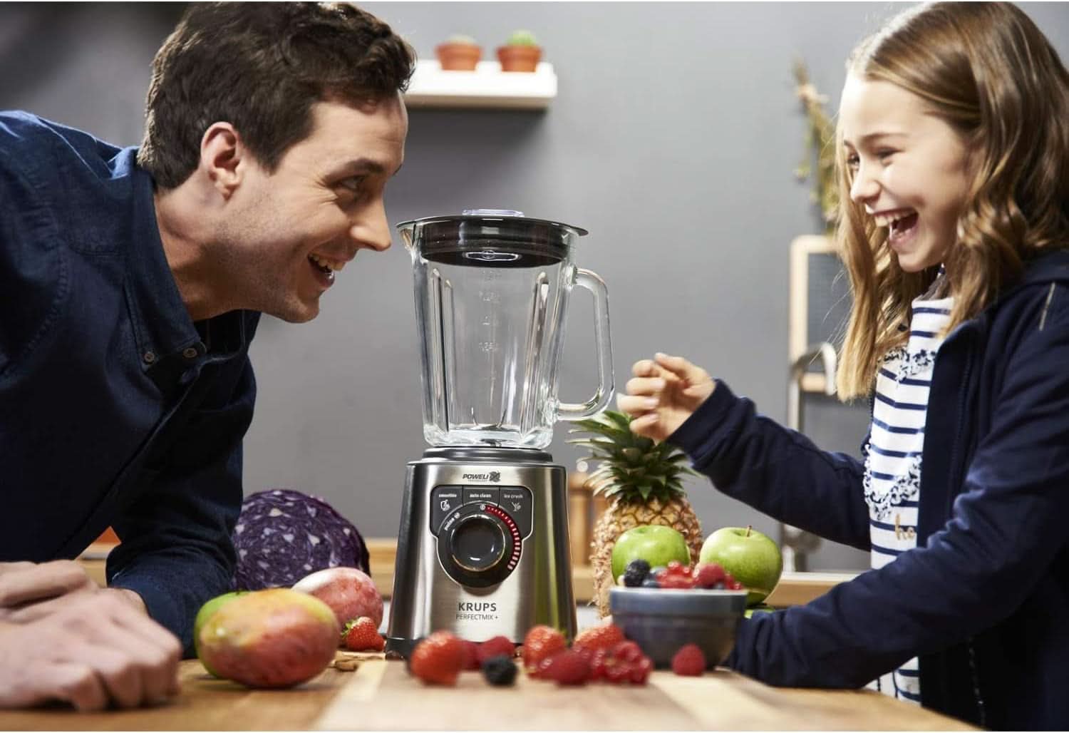 Krups KB403D Perfectmix + Hochleistungsstandmixer | 1.200W | 28.000 RPM | 2L glasbeholdere | 3 forudindstillede programmer | Powelix- Technologie | Edelstahl/Dunkelgrau Køkken Naty Shop