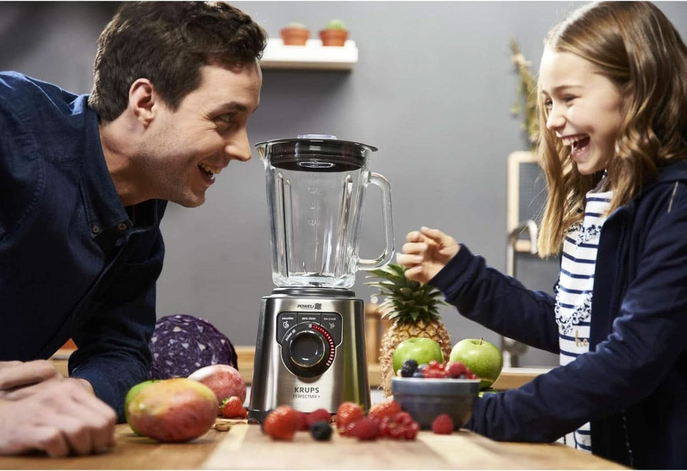 Krups KB403D Perfectmix + Hochleistungsstandmixer | 1.200W | 28.000 RPM | 2L glasbeholdere | 3 forudindstillede programmer | Powelix- Technologie | Edelstahl/Dunkelgrau Køkken Naty Shop