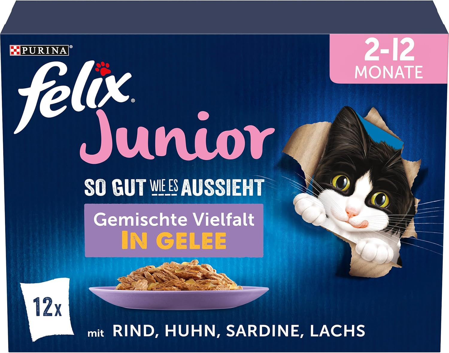 Felix As Good As It Looks Junior Hrană umedă în jeleu pentru pisoi, mix variat, pachet de 6 (6 x 12 pliculețe a câte 85 g fiecare)
