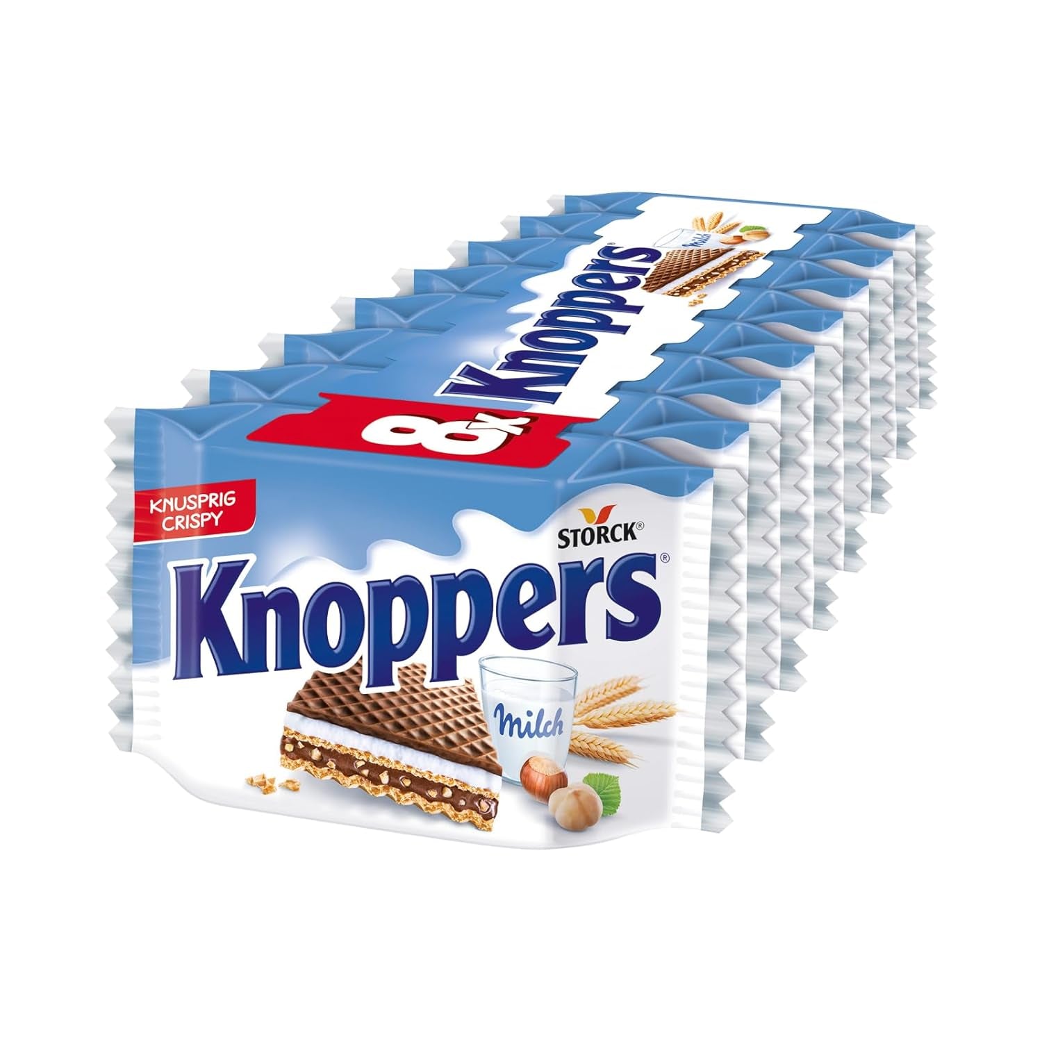 Hvide og sorte Knoppers – 8 x 25 g – Vaffelskiver fyldt med mørke kakaoblater, stykker af sorte kiks, mælk og nougatcreme