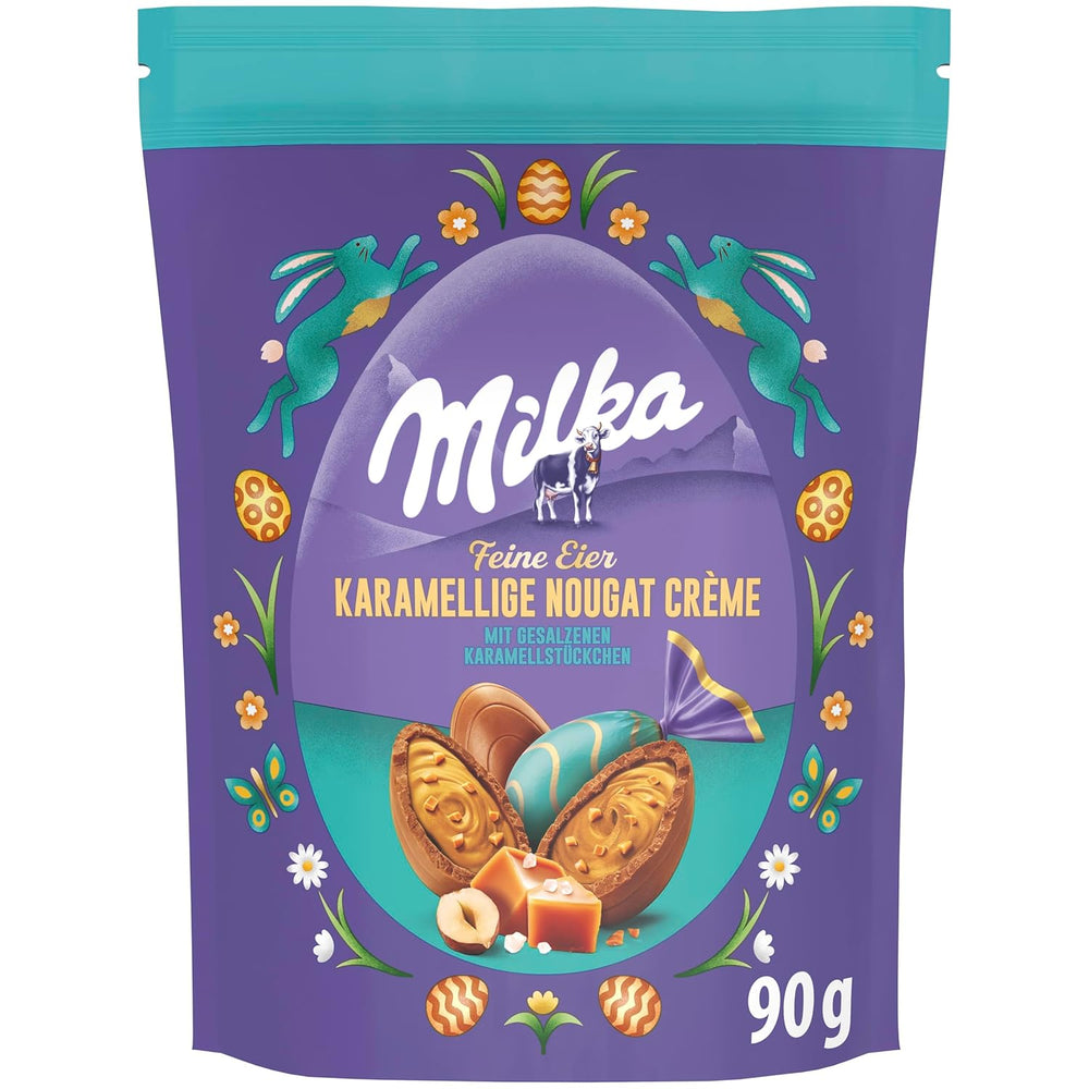Milka fine æg - fyldt med karamelcreme og nougat og stykker saltkaramel - 90g