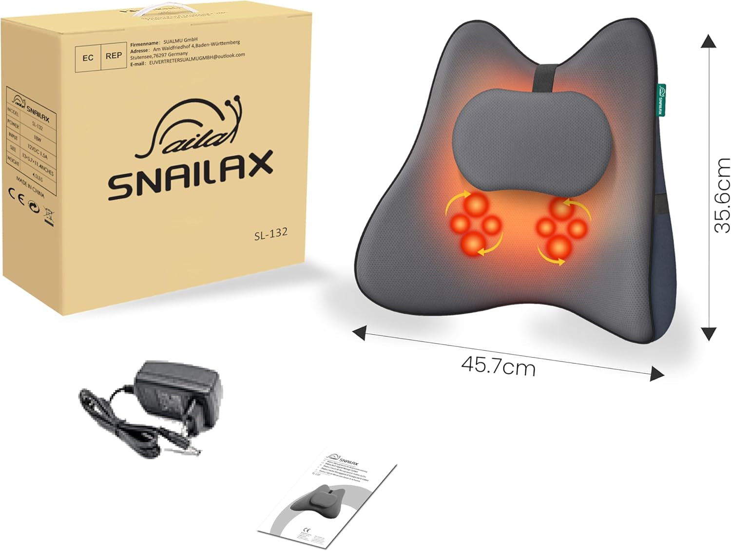 Pernă ergonomică Snailax pentru suport lombar cu masaj și căldură, pernă pentru spate Shiatsu din spumă cu memorie, pernă pentru șezut cu 3 intensități de masaj | 2 niveluri de căldură | 3 temporizatoare | postură confortabilă în șezut